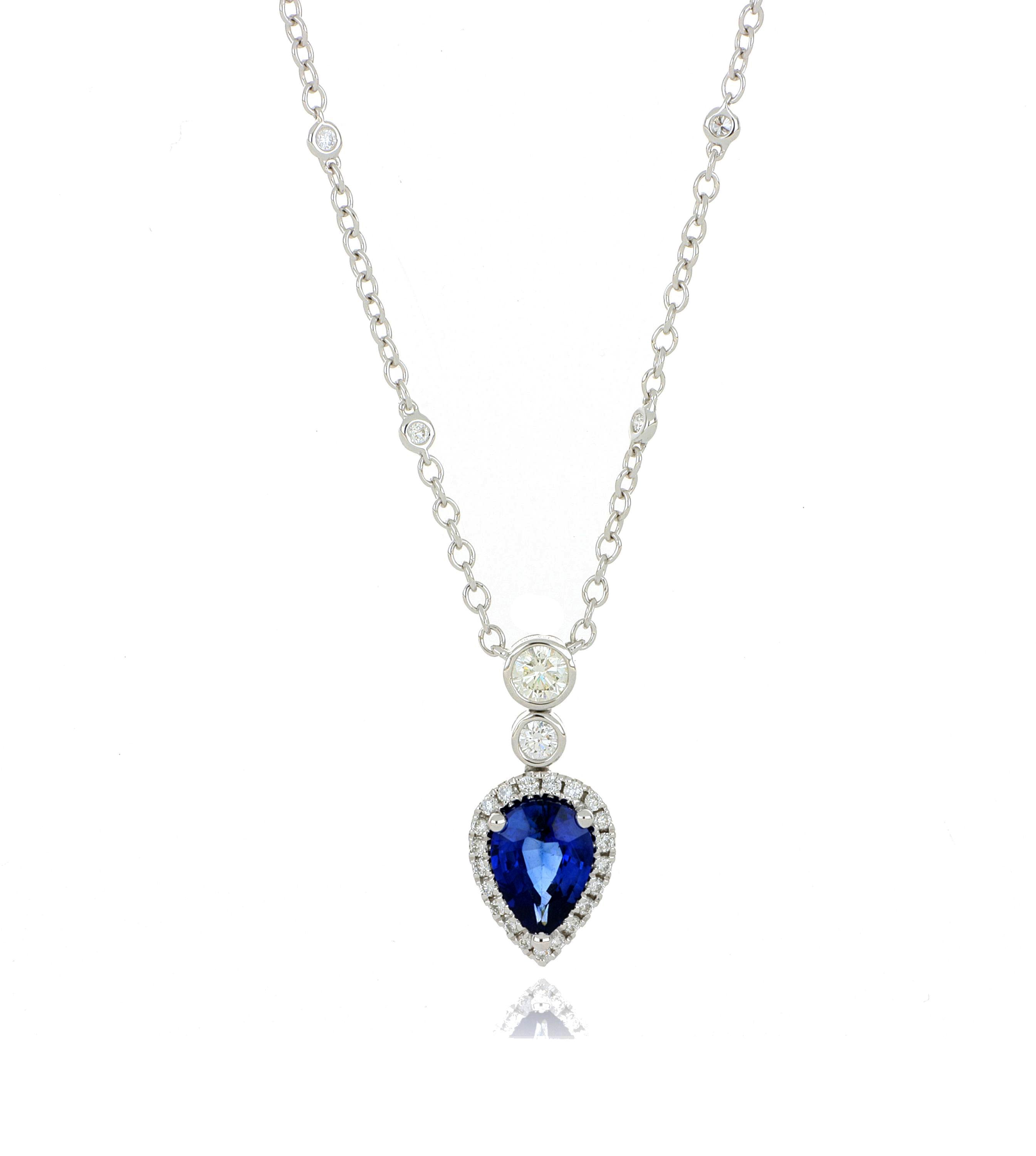 18k White Gold Blue Sapphire and Diamond Halo Necklace