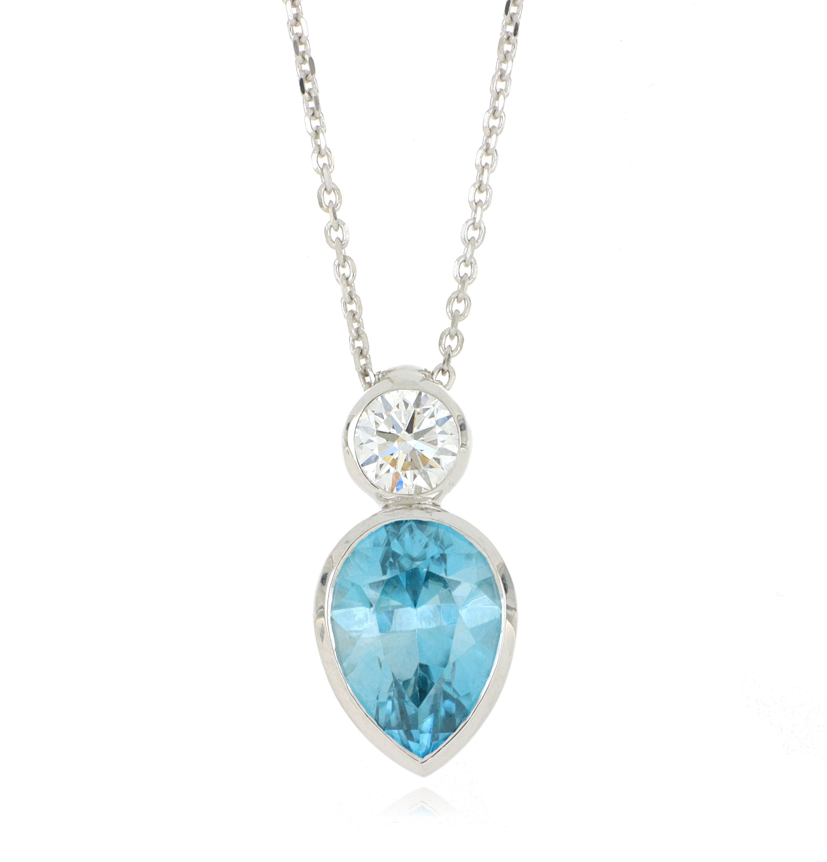 14k White Gold Blue Zirconia and Diamond Necklace