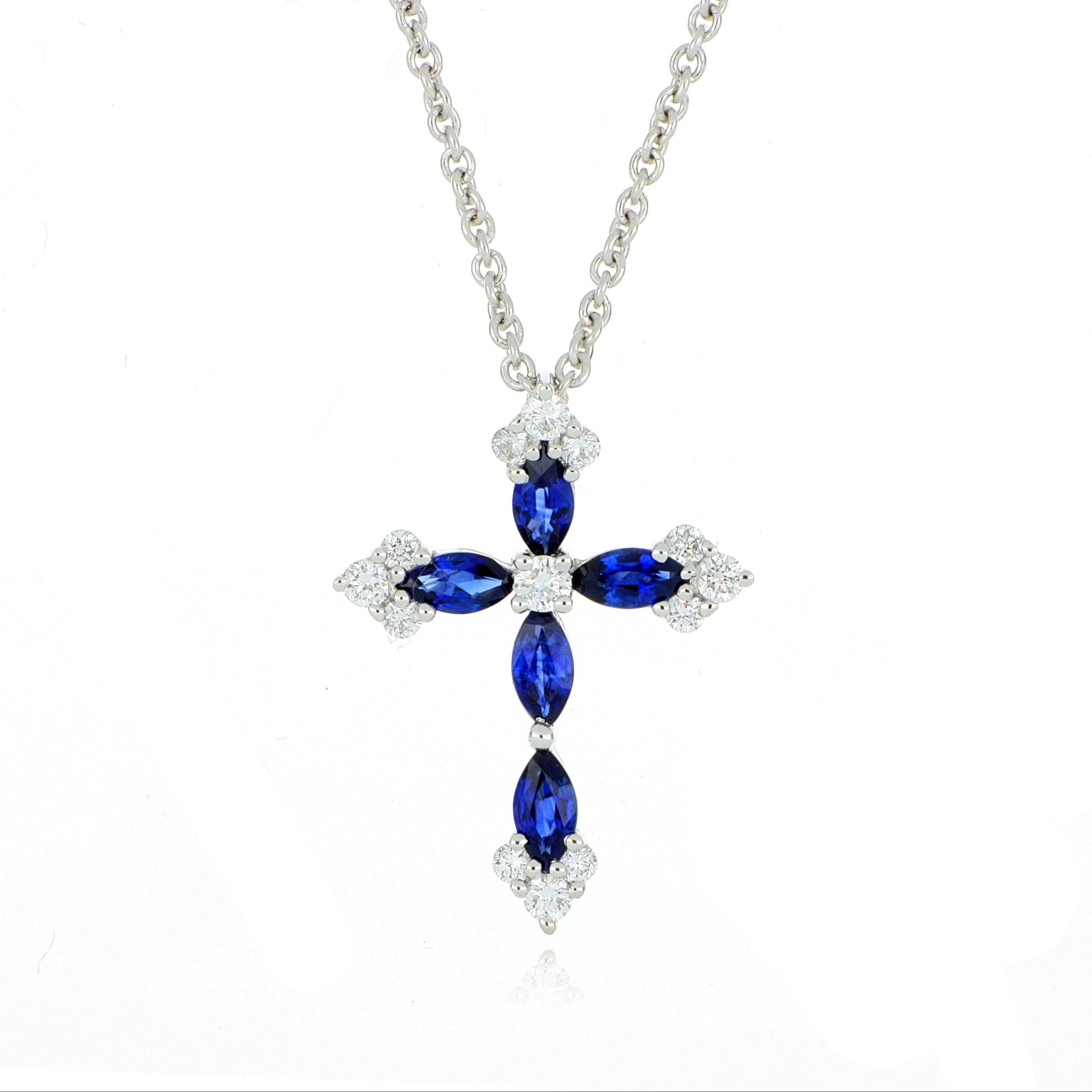 18k White Gold Sapphire and Diamond Cross Necklace
