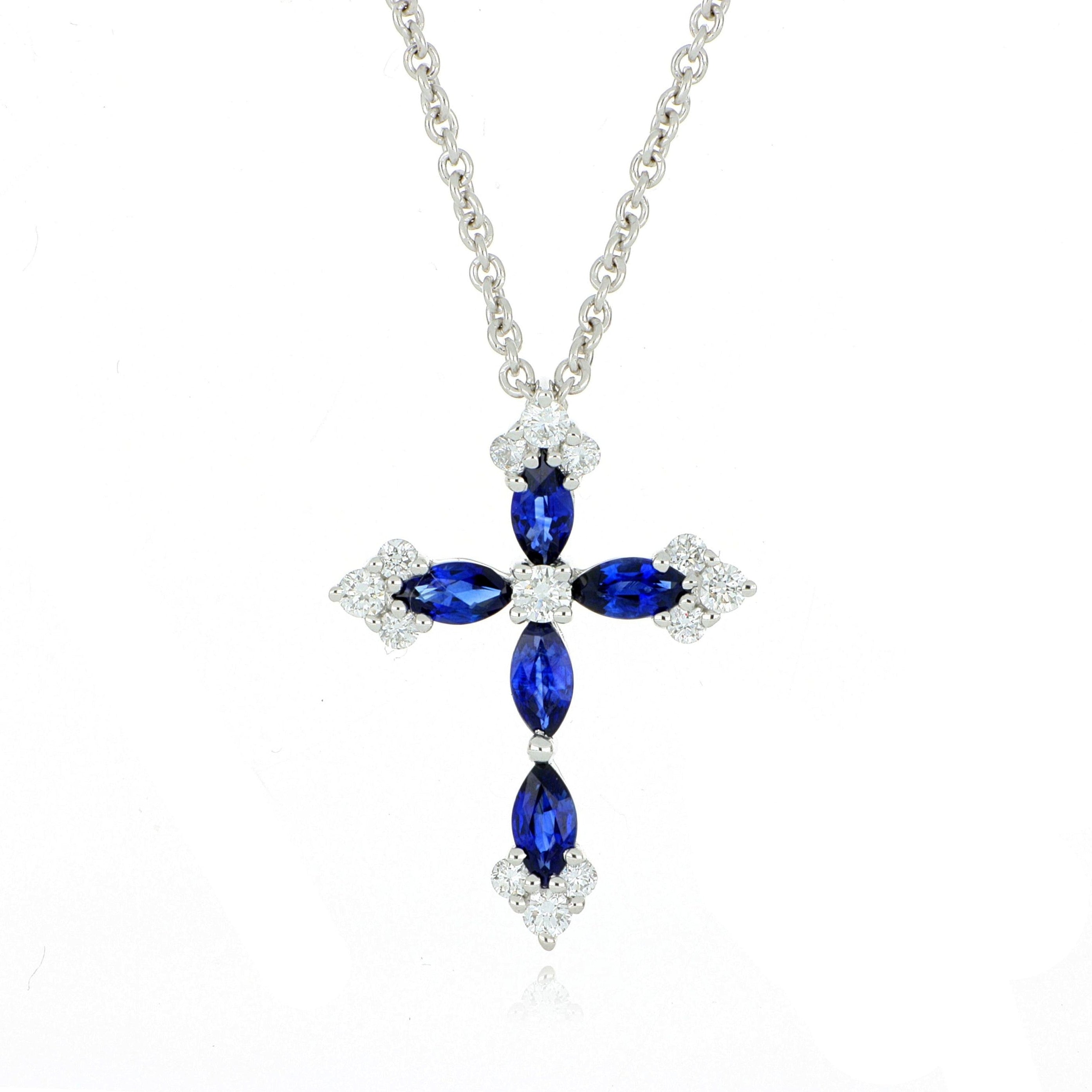 18k White Gold Sapphire and Diamond Cross Necklace