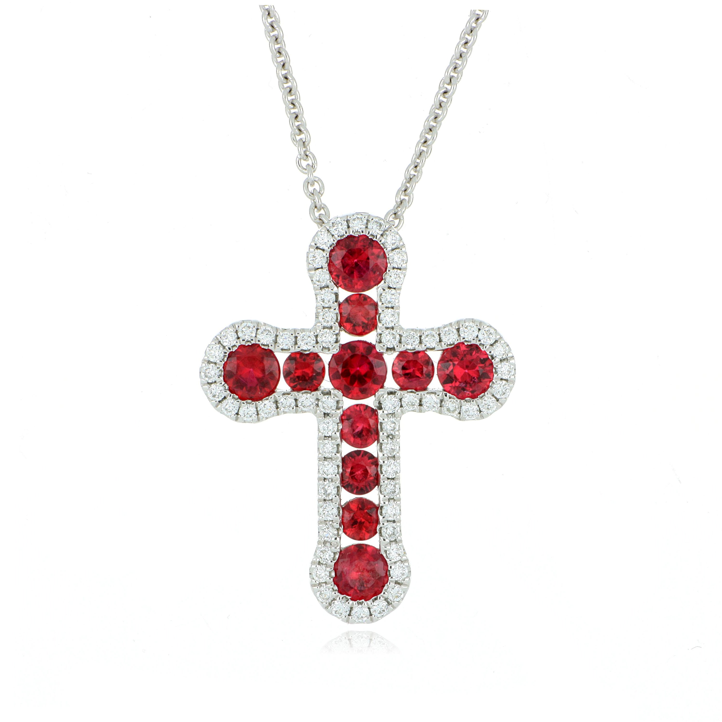 18k White Gold Ruby and Diamond Cross Necklace