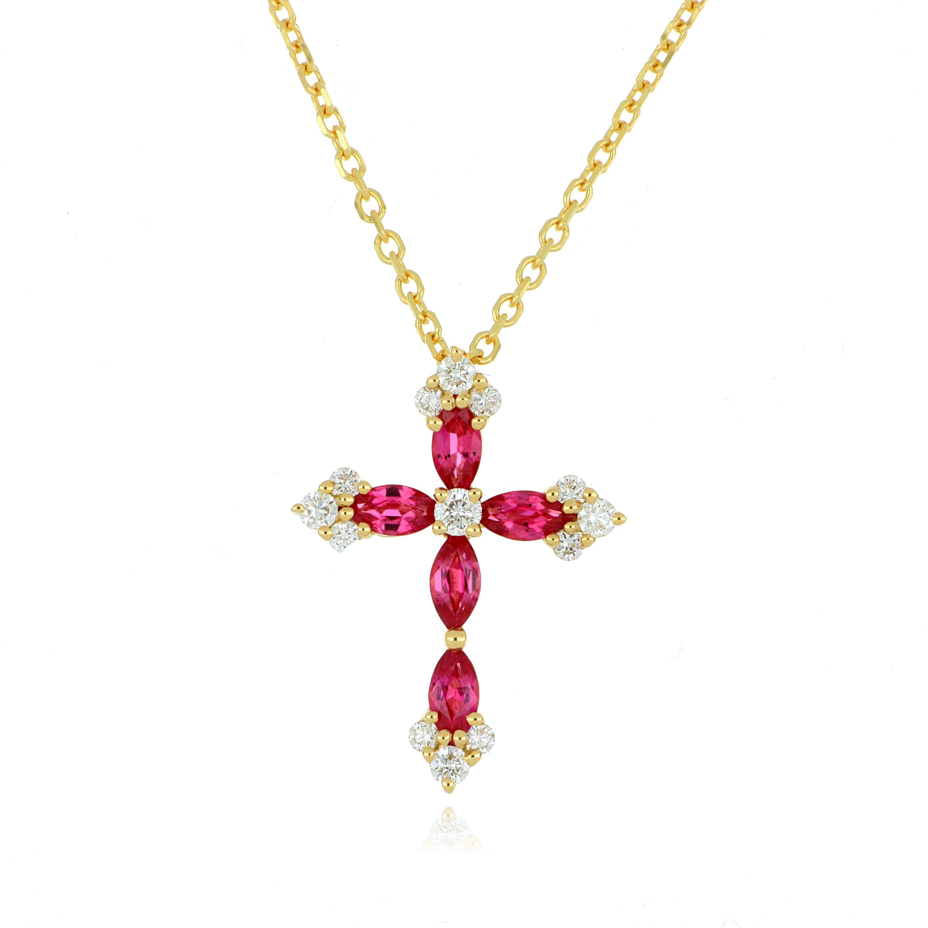 18k Yellow Gold Ruby and Diamond Cross Necklace