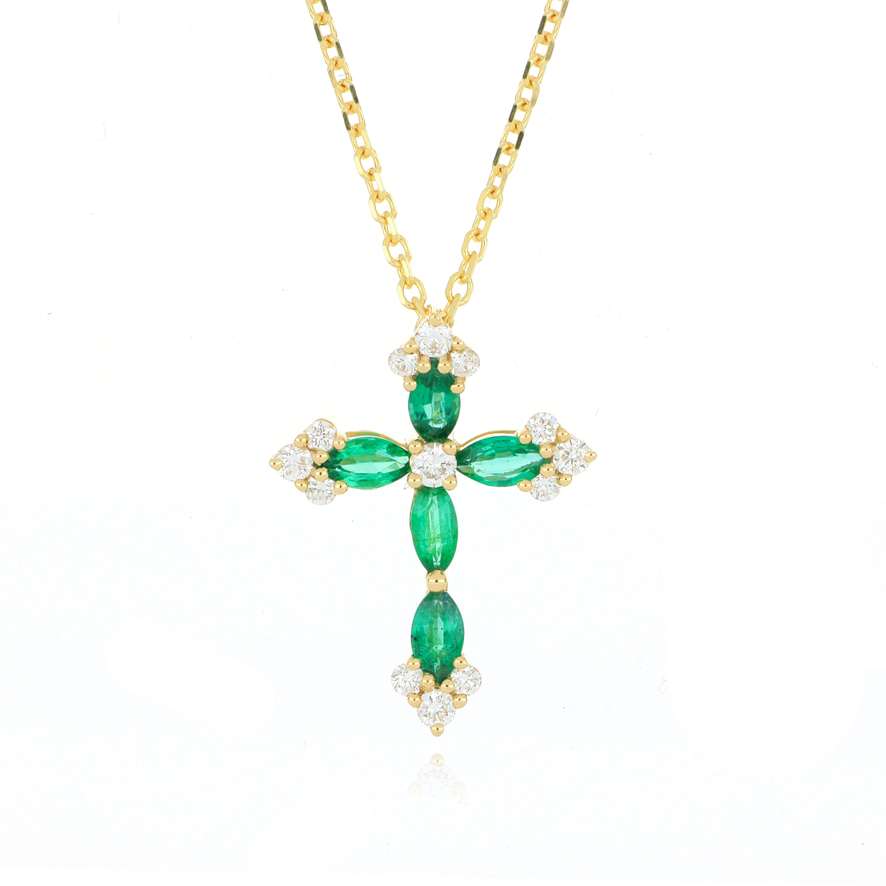18k Yellow Gold Emerald and Diamond Cross Necklace