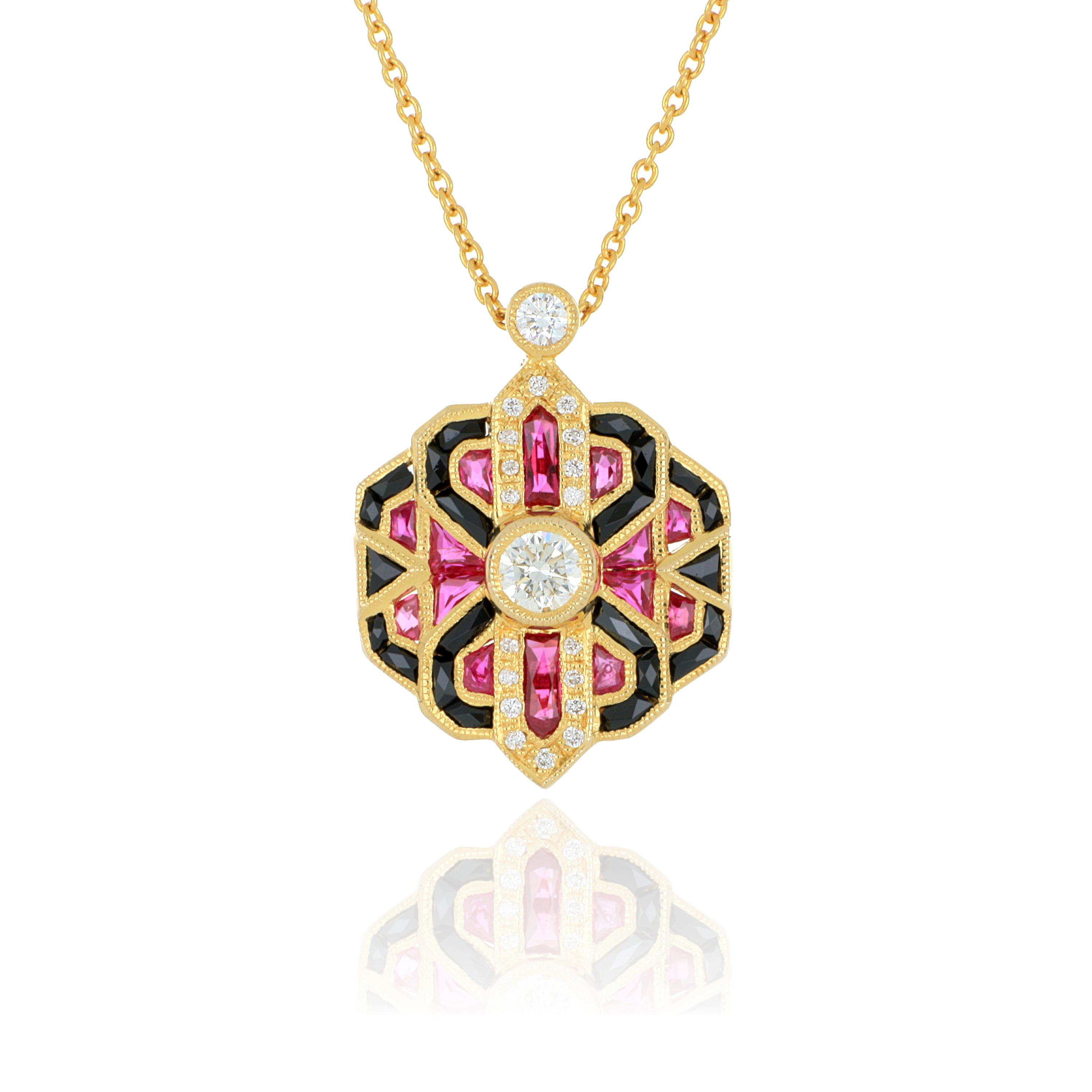 18k Yellow Gold Diamond, Ruby and Onyx Pendant - Charles Koll Jewelers