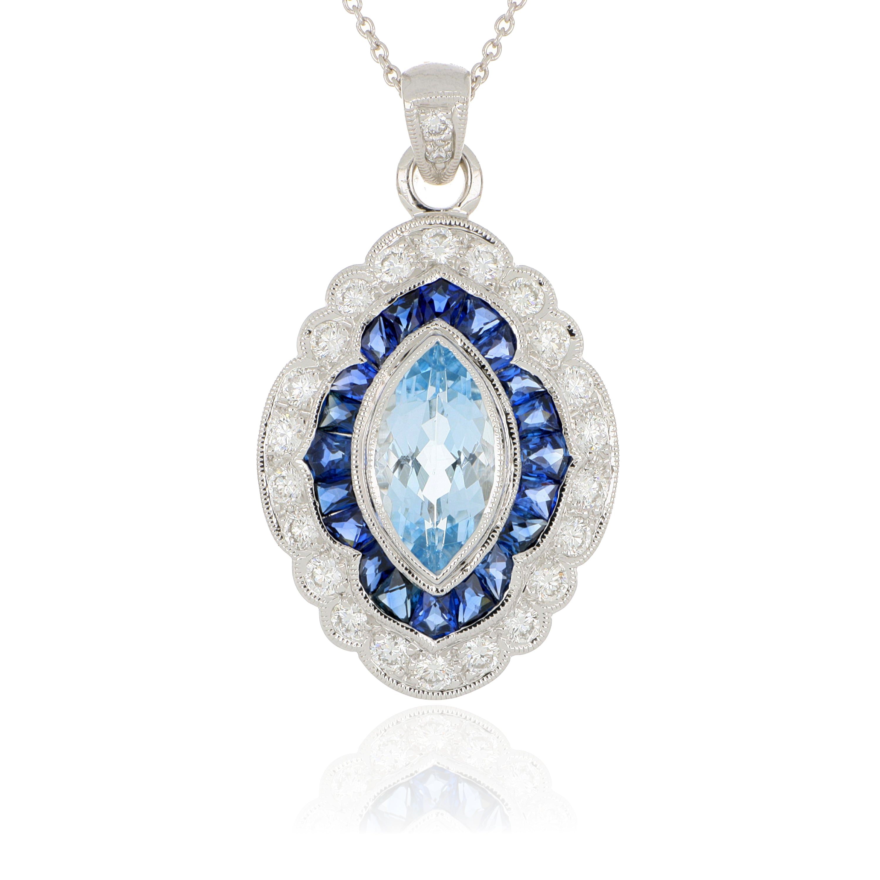 18k White Gold Aquamarine, Sapphire and Diamond Pendant - Charles Koll Jewelers