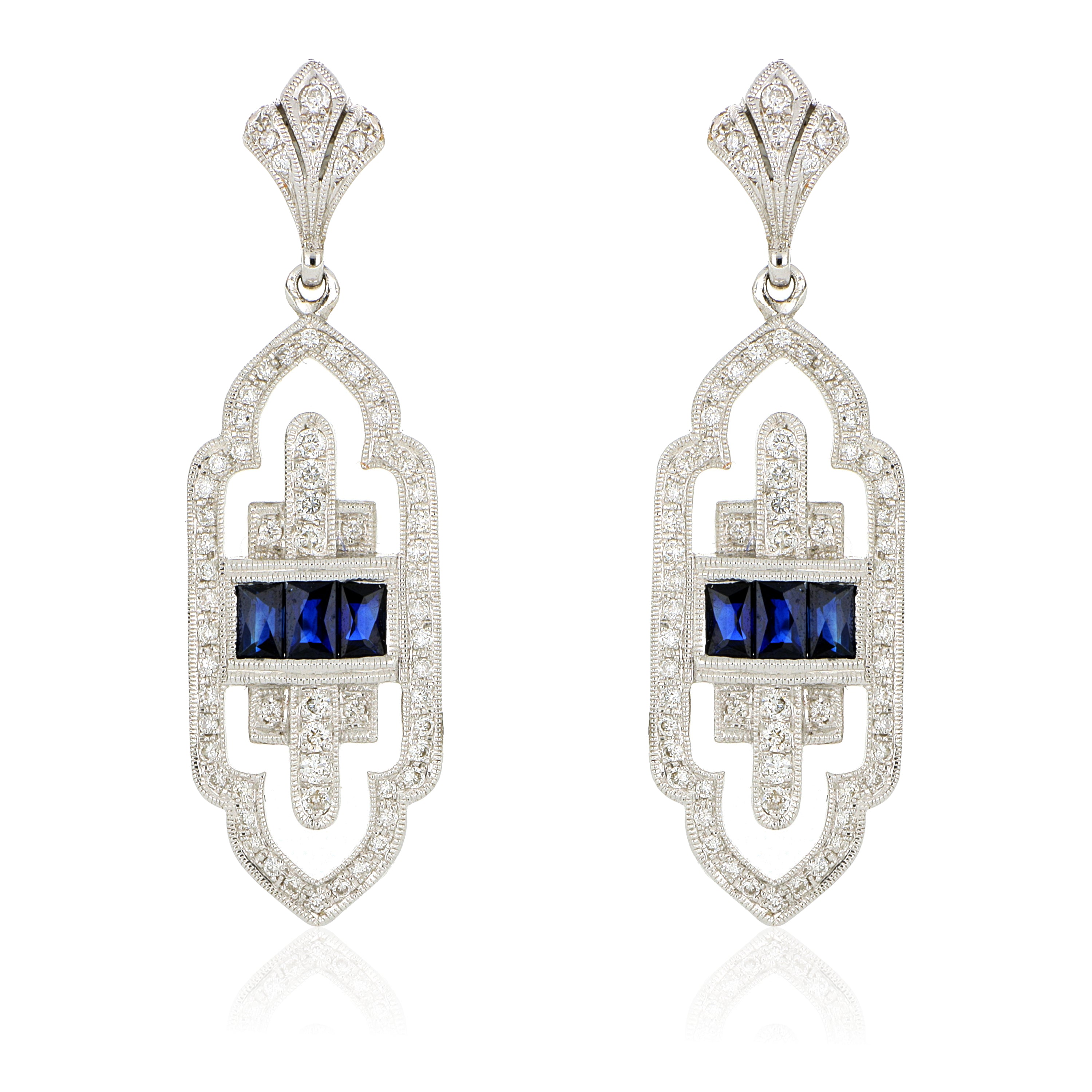 18k White Gold Sapphire and Diamond Drop Earrings - Charles Koll Jewelers