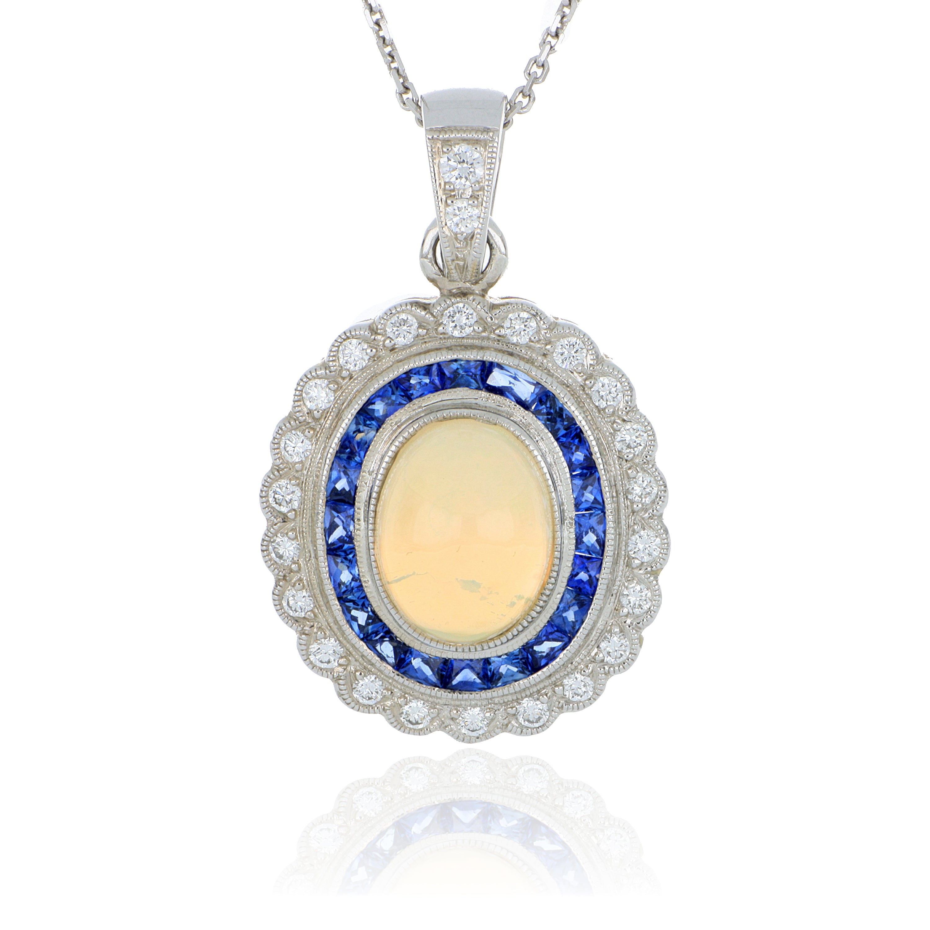 14k White Gold Opal, Sapphire and Diamond Pendant - Charles Koll Jewelers