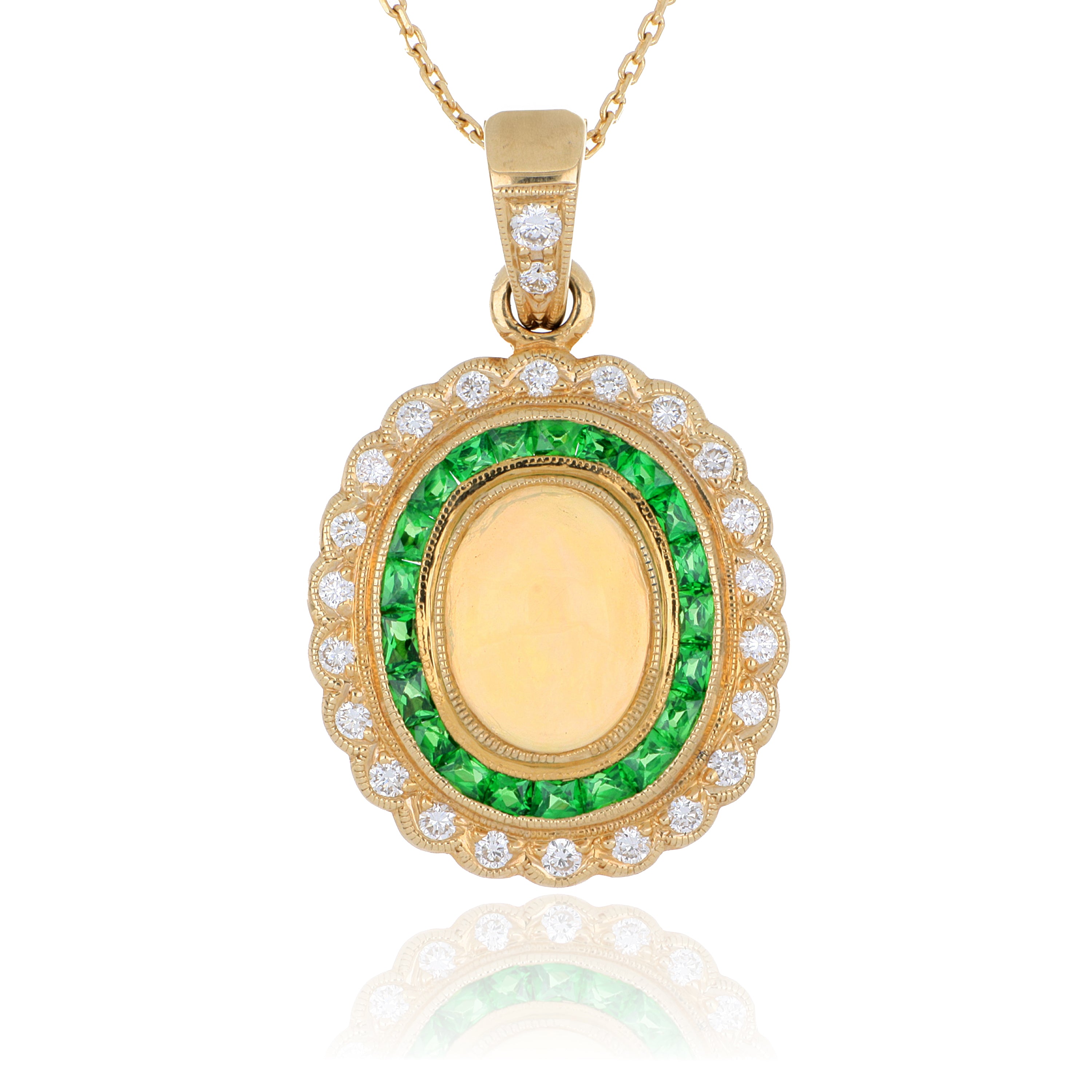 18k Yellow Gold Opal, Tsavorite and Diamond Pendant - Charles Koll Jewelers