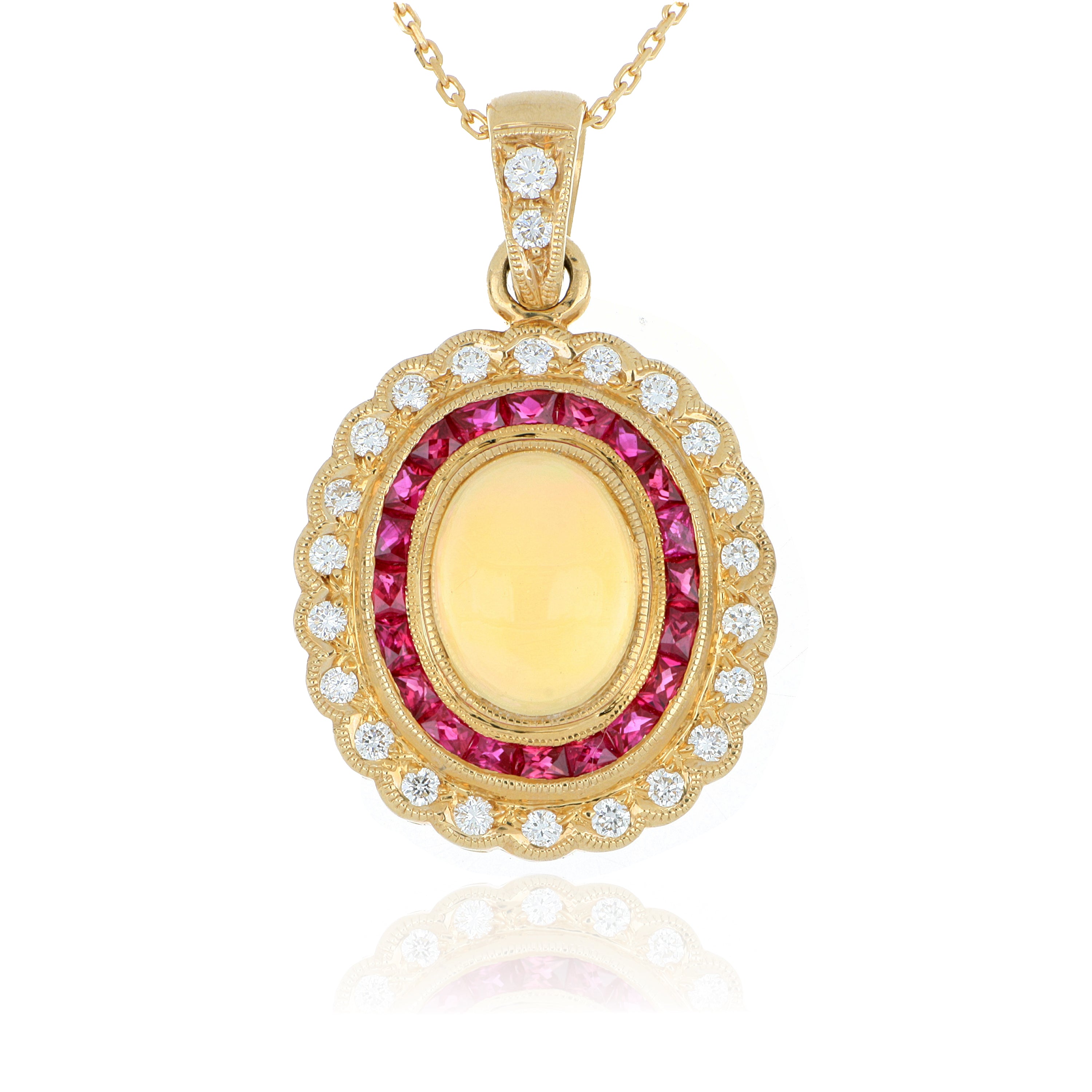 14k Yellow Gold Opal, Ruby and Diamond Pendant