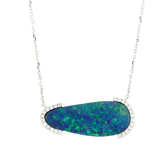 14k White Gold Freeform Opal and Diamond Accented Necklace