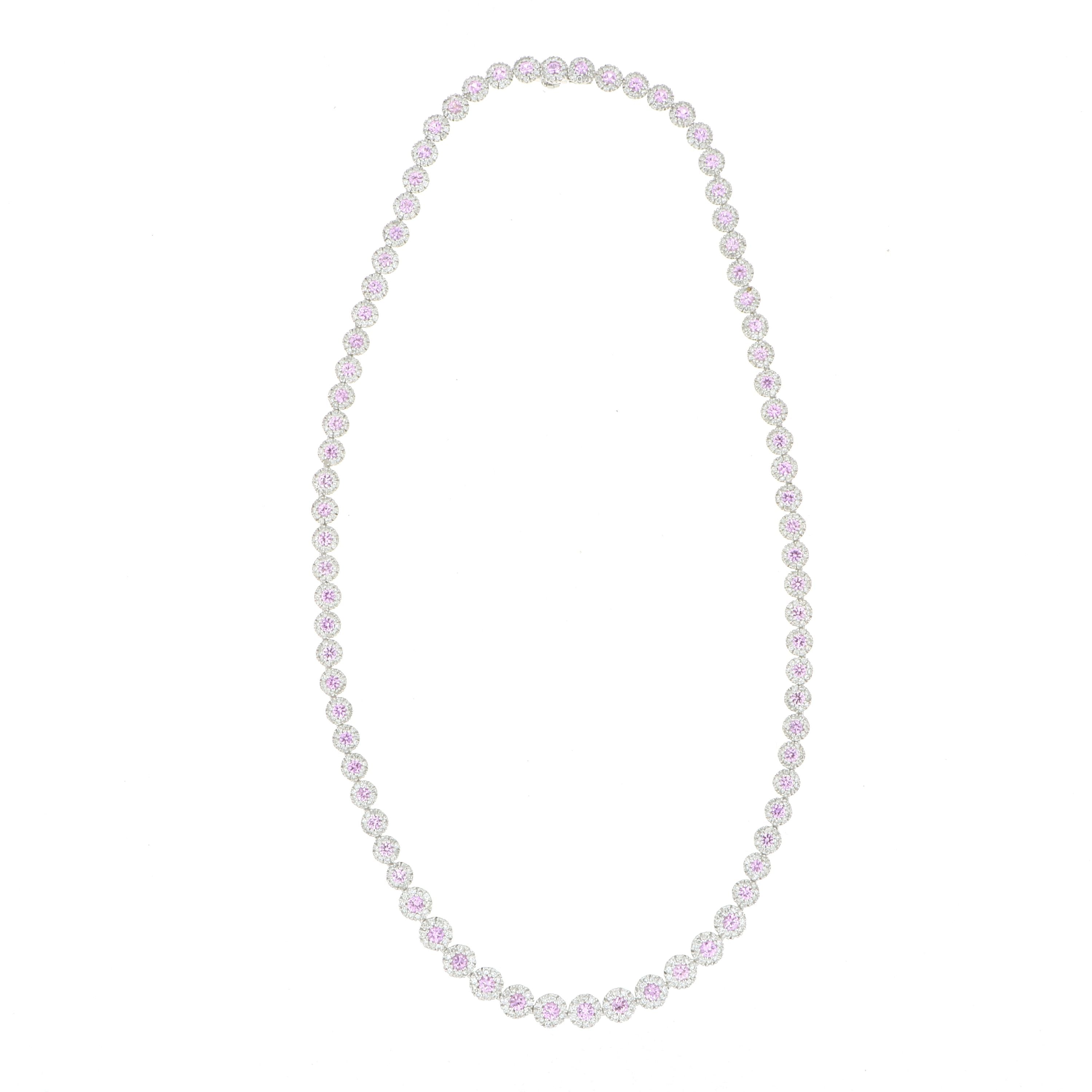 18k White Gold Pink Sapphire and Diamond Halo Necklace