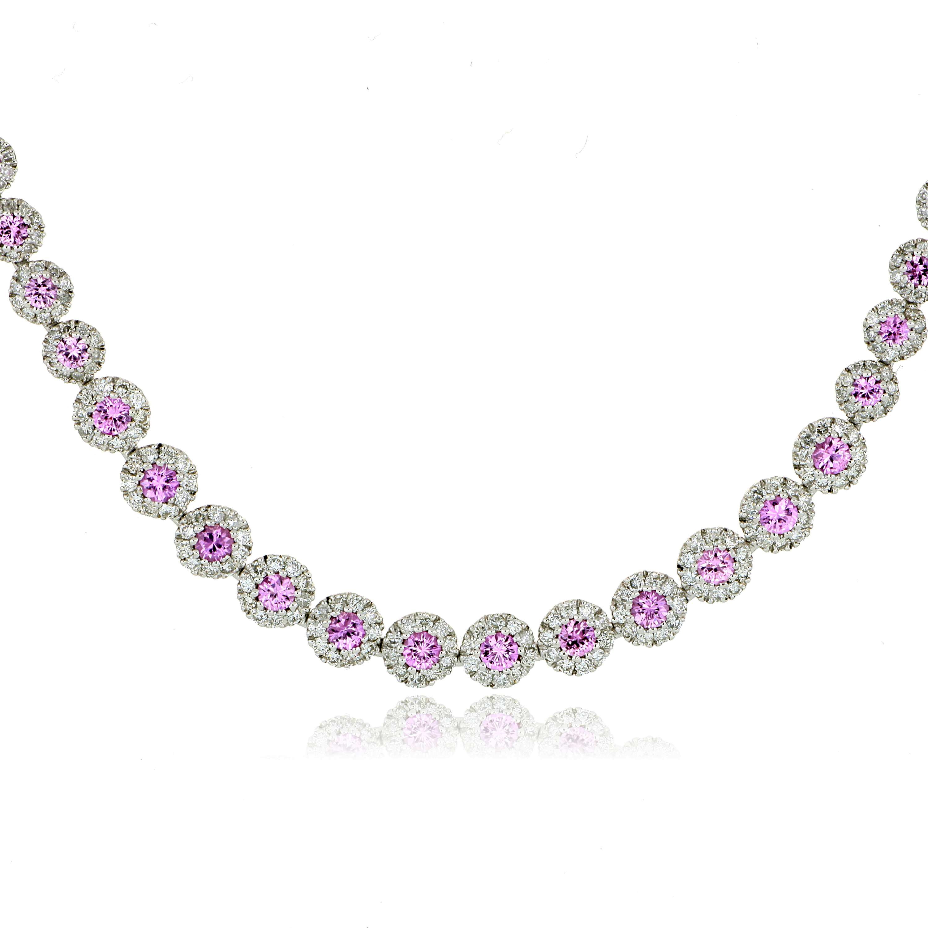 18k White Gold Pink Sapphire and Diamond Halo Necklace - Charles Koll Jewelers