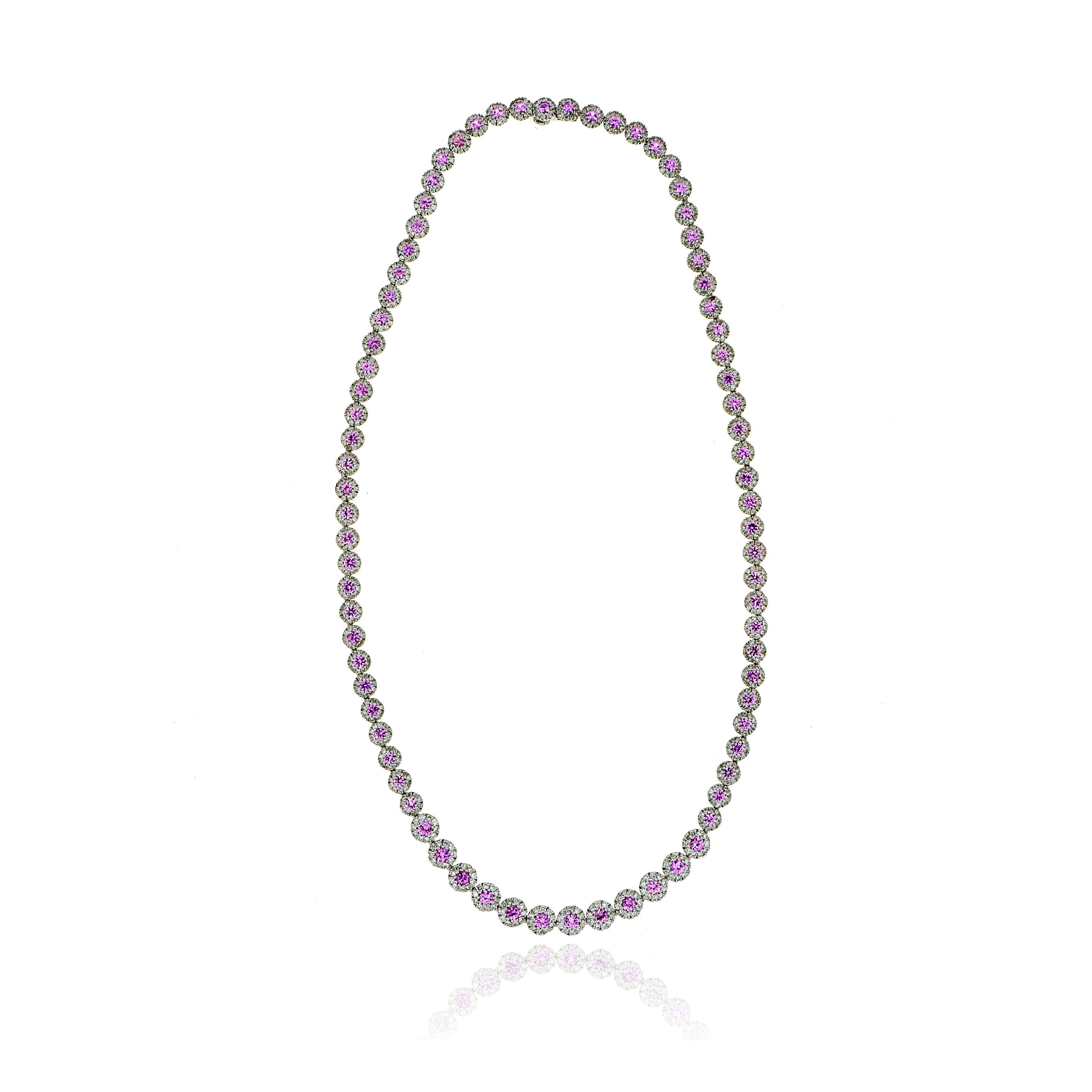 18k White Gold Pink Sapphire and Diamond Halo Necklace - Charles Koll Jewelers