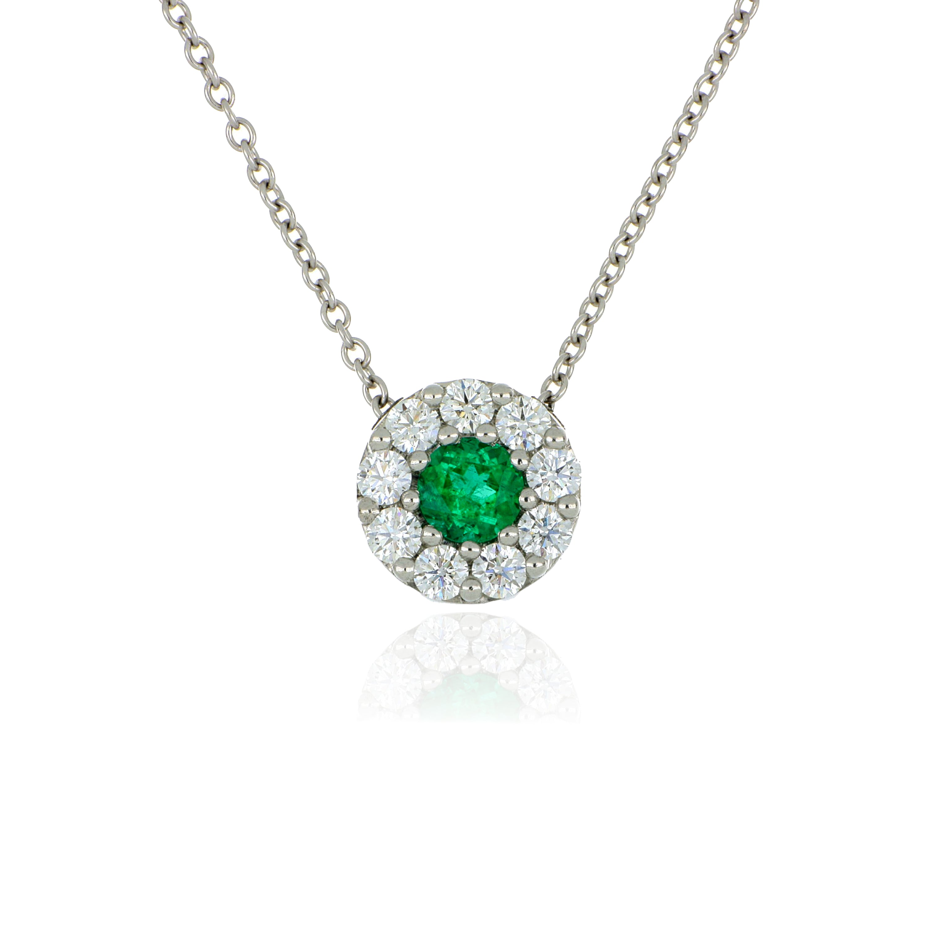 18k White Gold Emerald and Diamond Halo Pendant