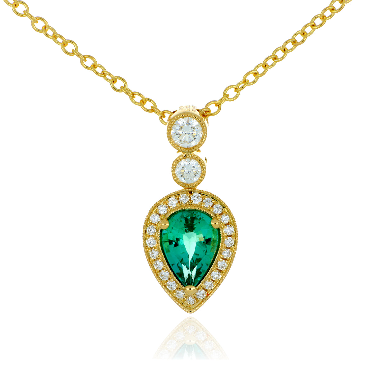 18k Yellow Gold Emerald and Diamond Halo Pendant