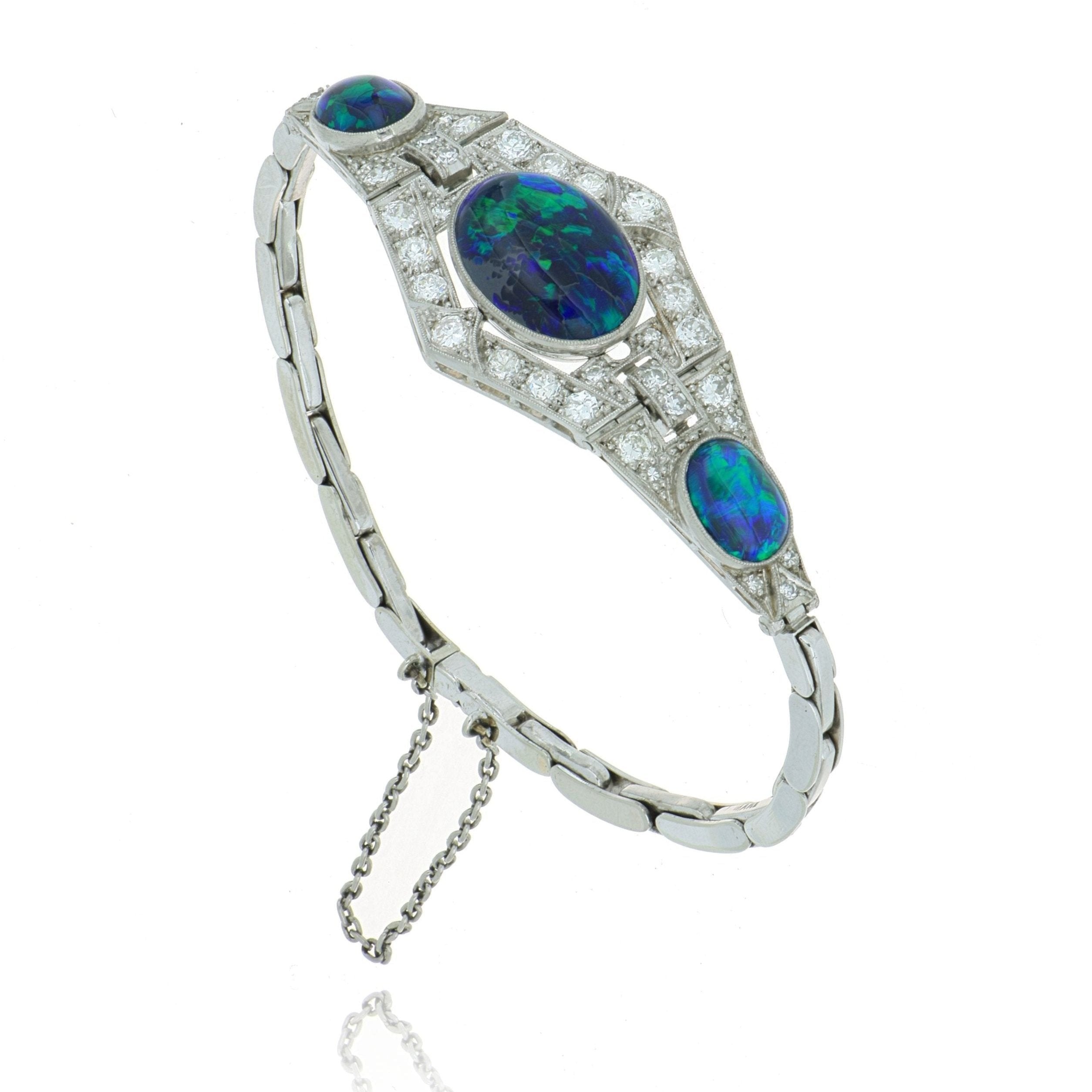 18k White Gold and Platinum GIA Certified Natural Black Opal and Diamond Accented Bracelet - Charles Koll Jewelers