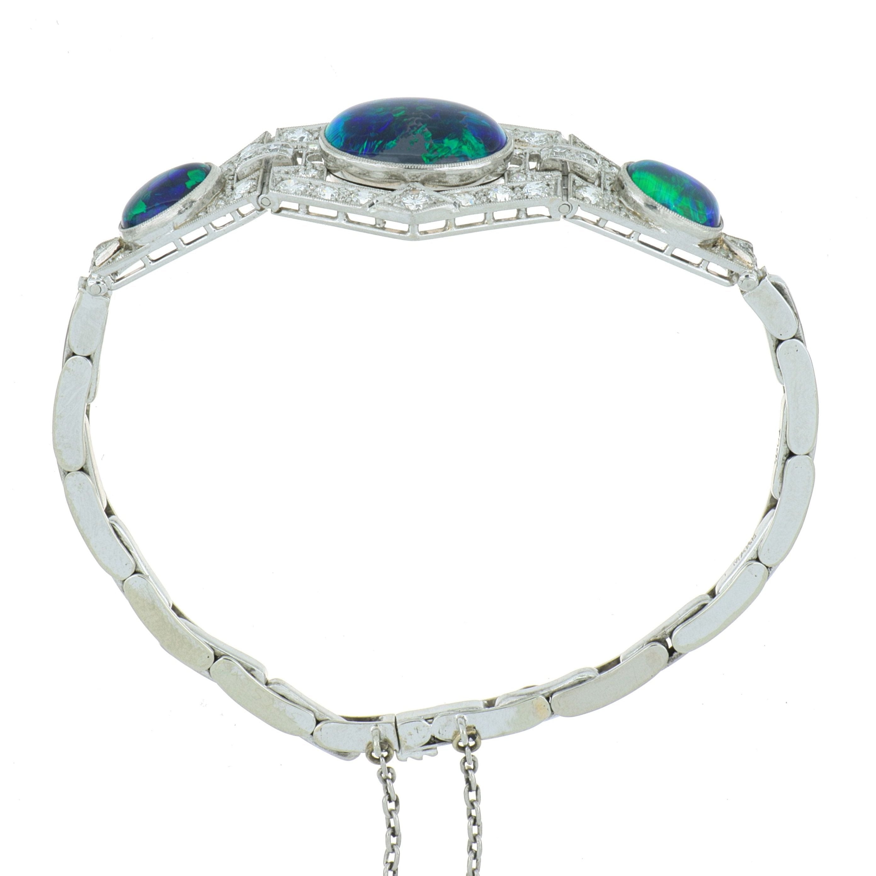 18k White Gold and Platinum GIA Certified Natural Black Opal and Diamond Accented Bracelet - Charles Koll Jewelers