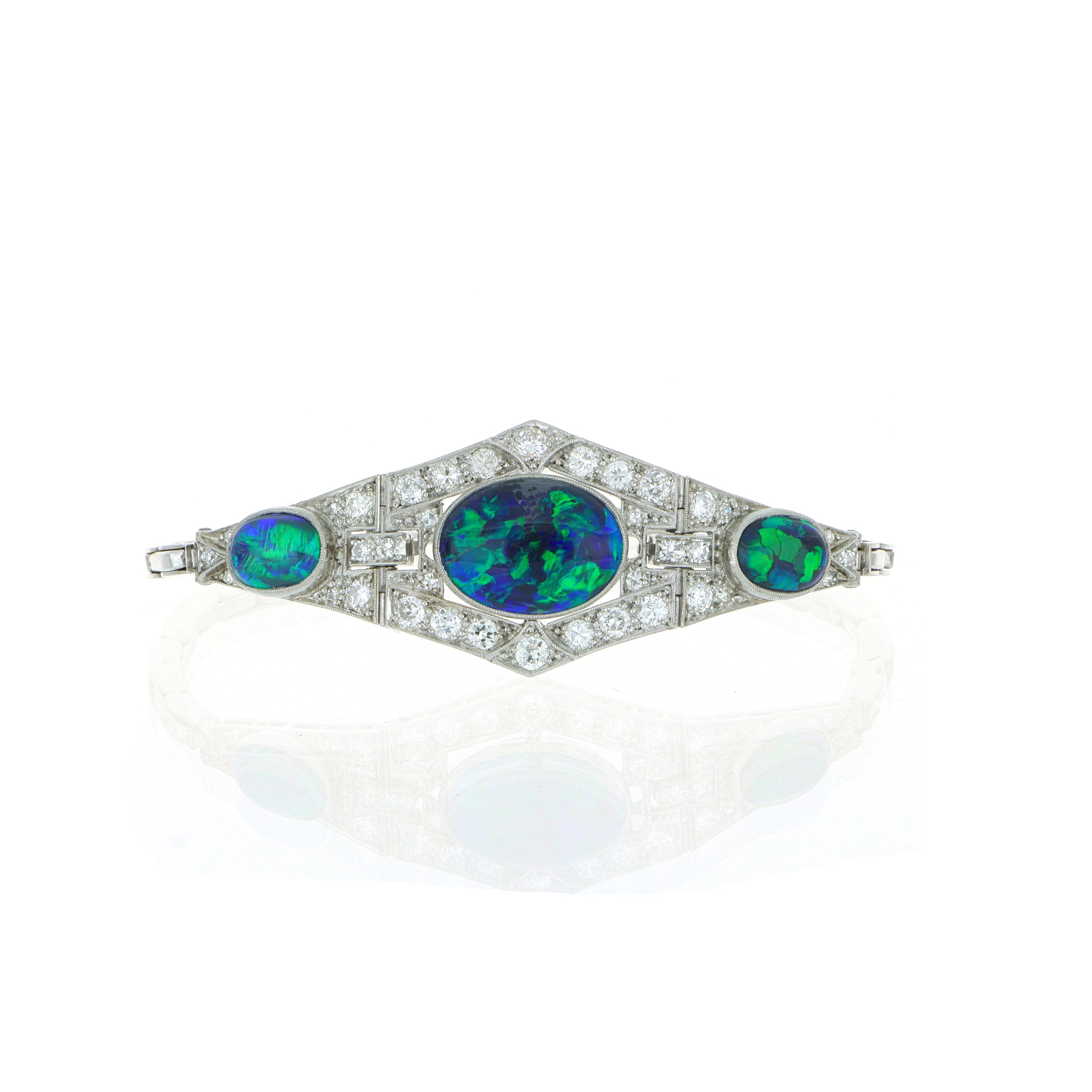 18k White Gold and Platinum GIA Certified Natural Black Opal and Diamond Accented Bracelet - Charles Koll Jewelers