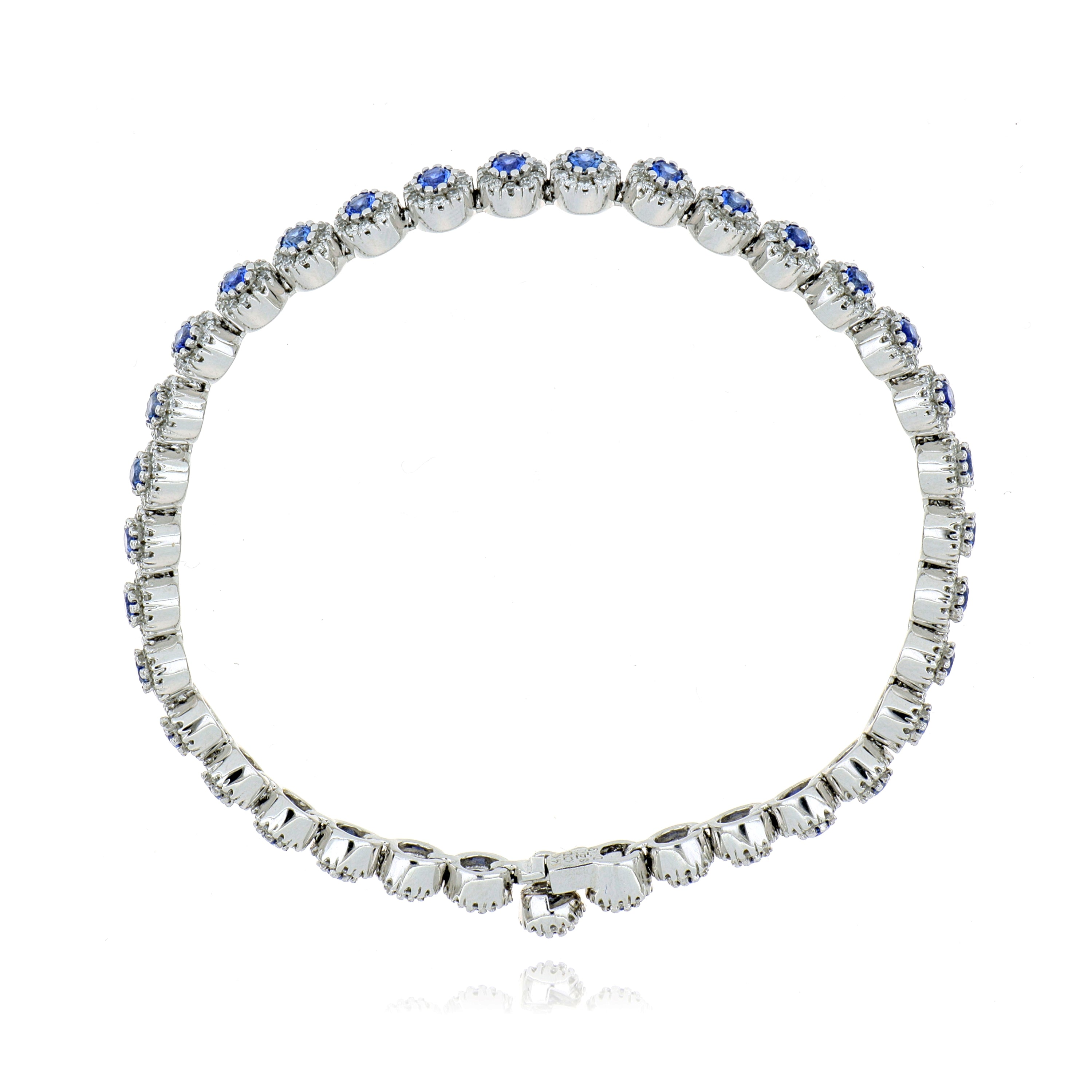 14k White Gold Blue Sapphire and Diamond Halo Tennis Bracelet