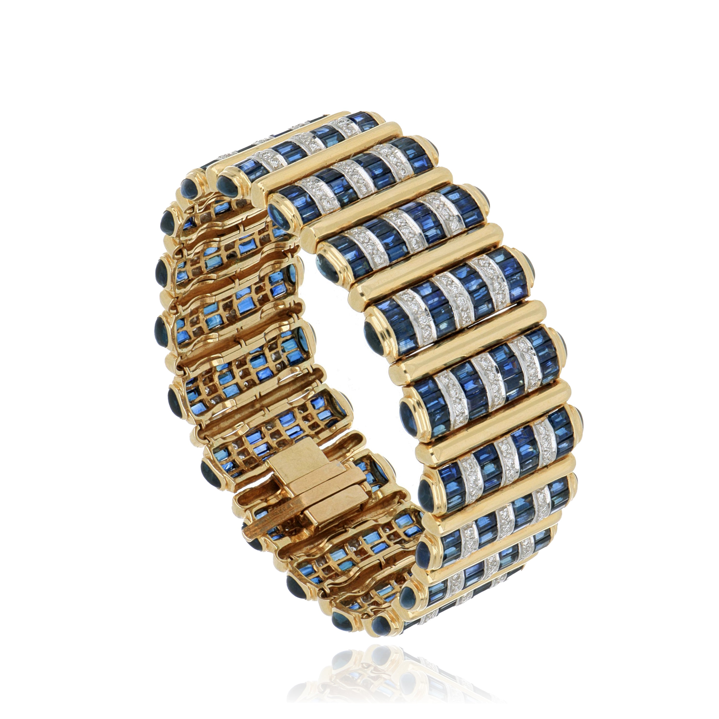 14k Yellow Gold Sapphire and Diamond Cuff Bracelet