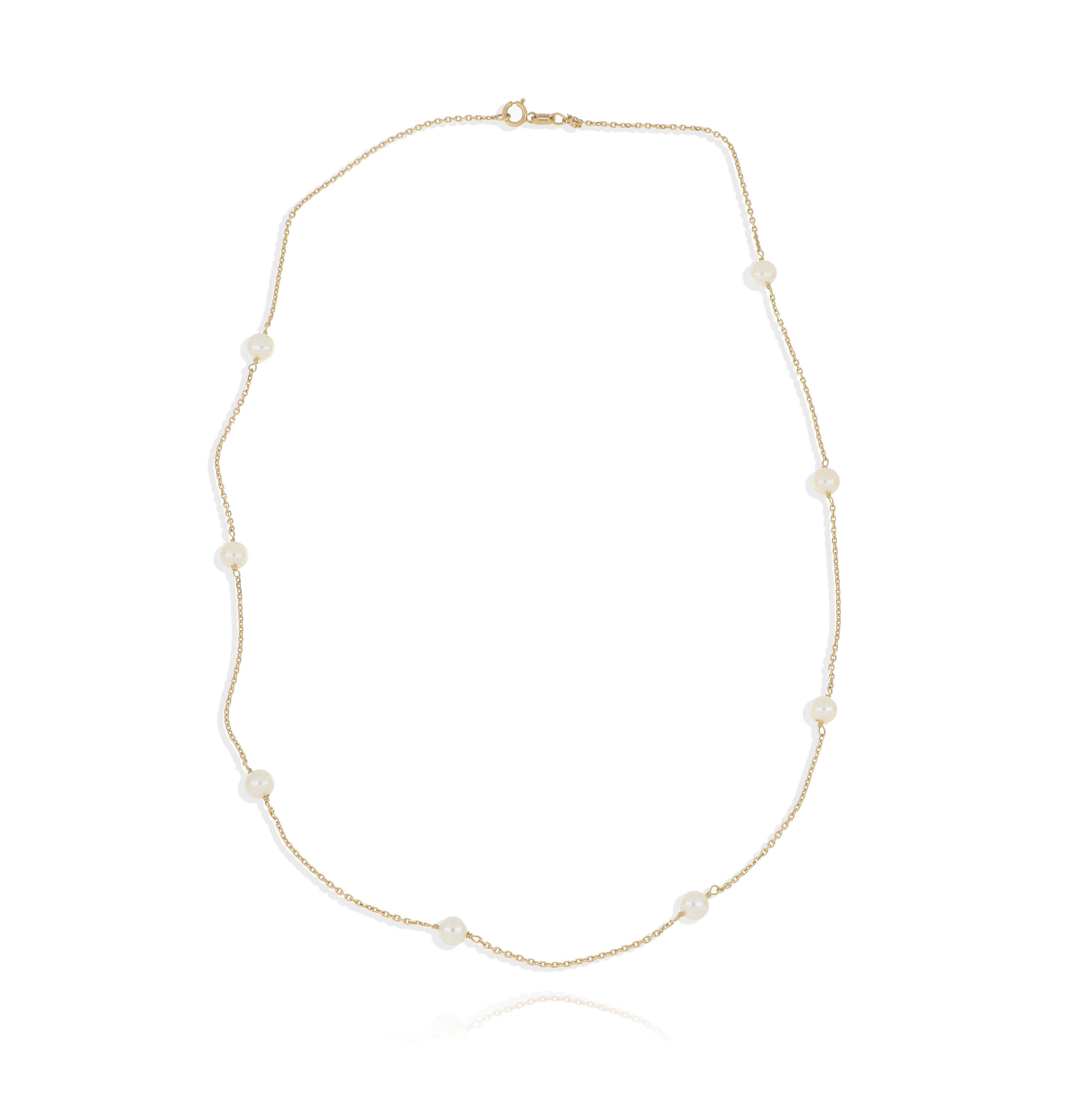 14k Yellow Gold Pearl Station Necklace