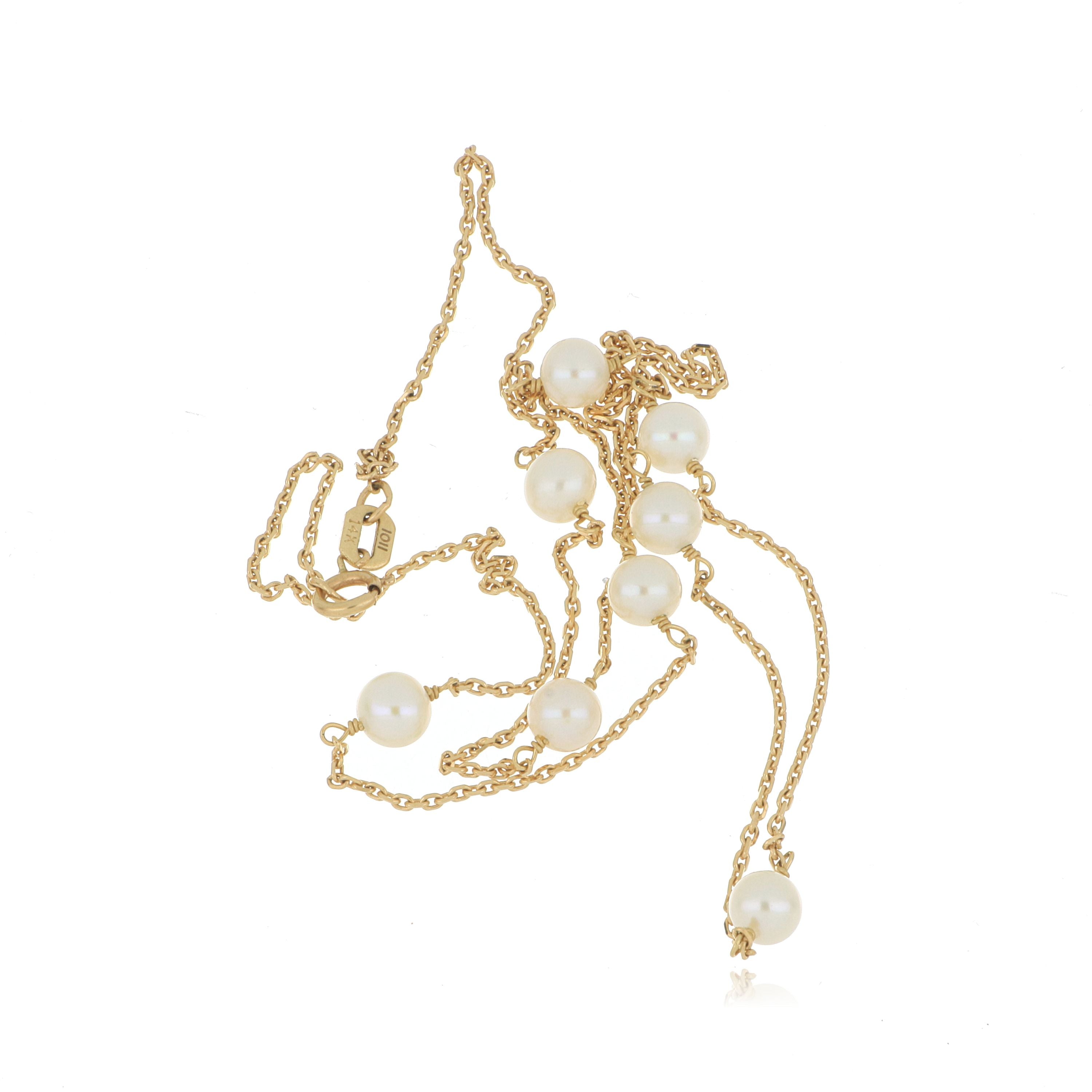 14k Yellow Gold Pearl Station Necklace