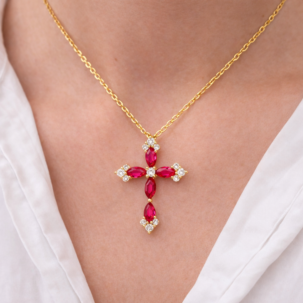 18k Yellow Gold Ruby and Diamond Cross Necklace