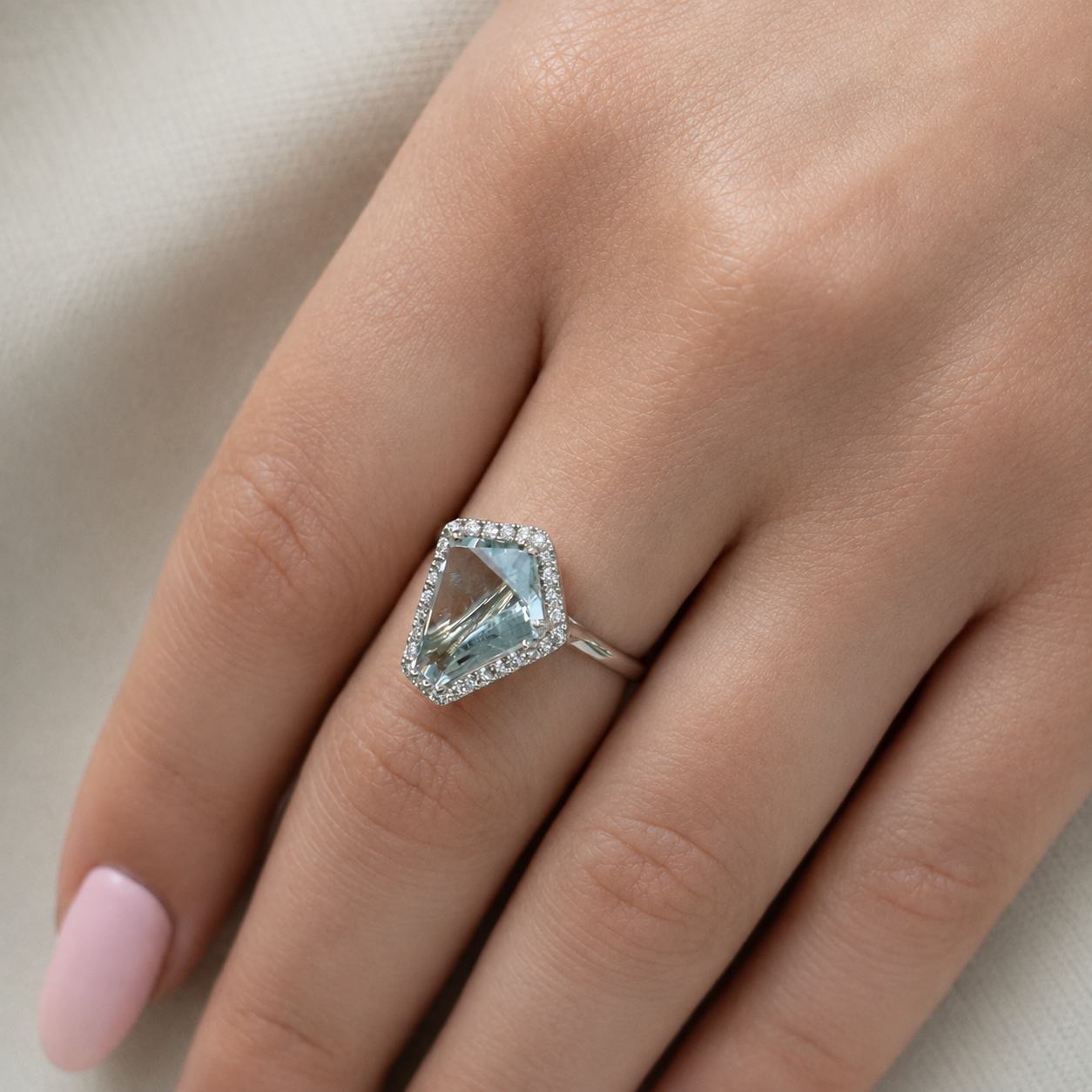 18k White Gold Kite Shaped Aquamarine and Diamond Ring - Charles Koll Jewelers