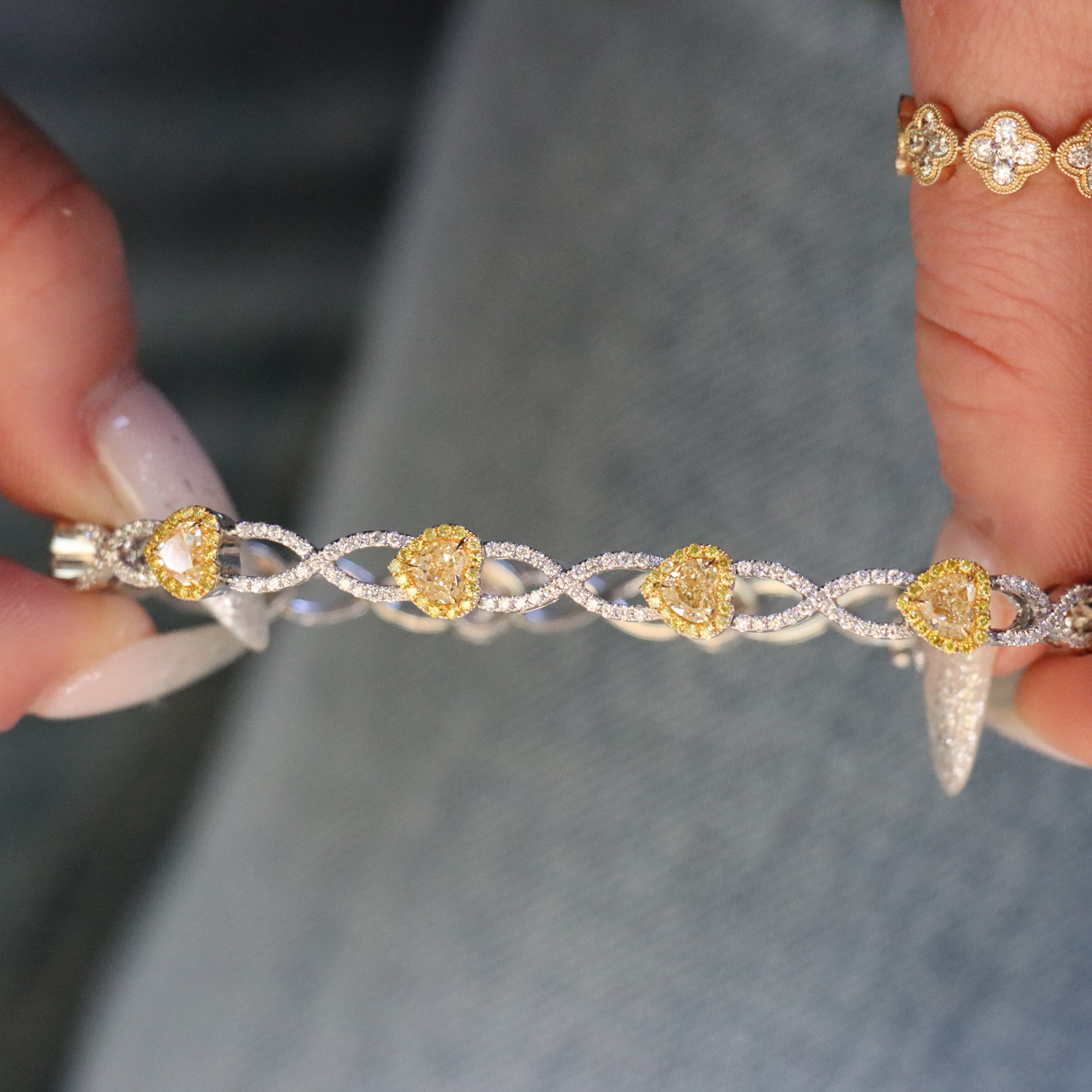 18k White and Yellow Gold Fancy Yellow Heart Shaped Diamond Bracelet