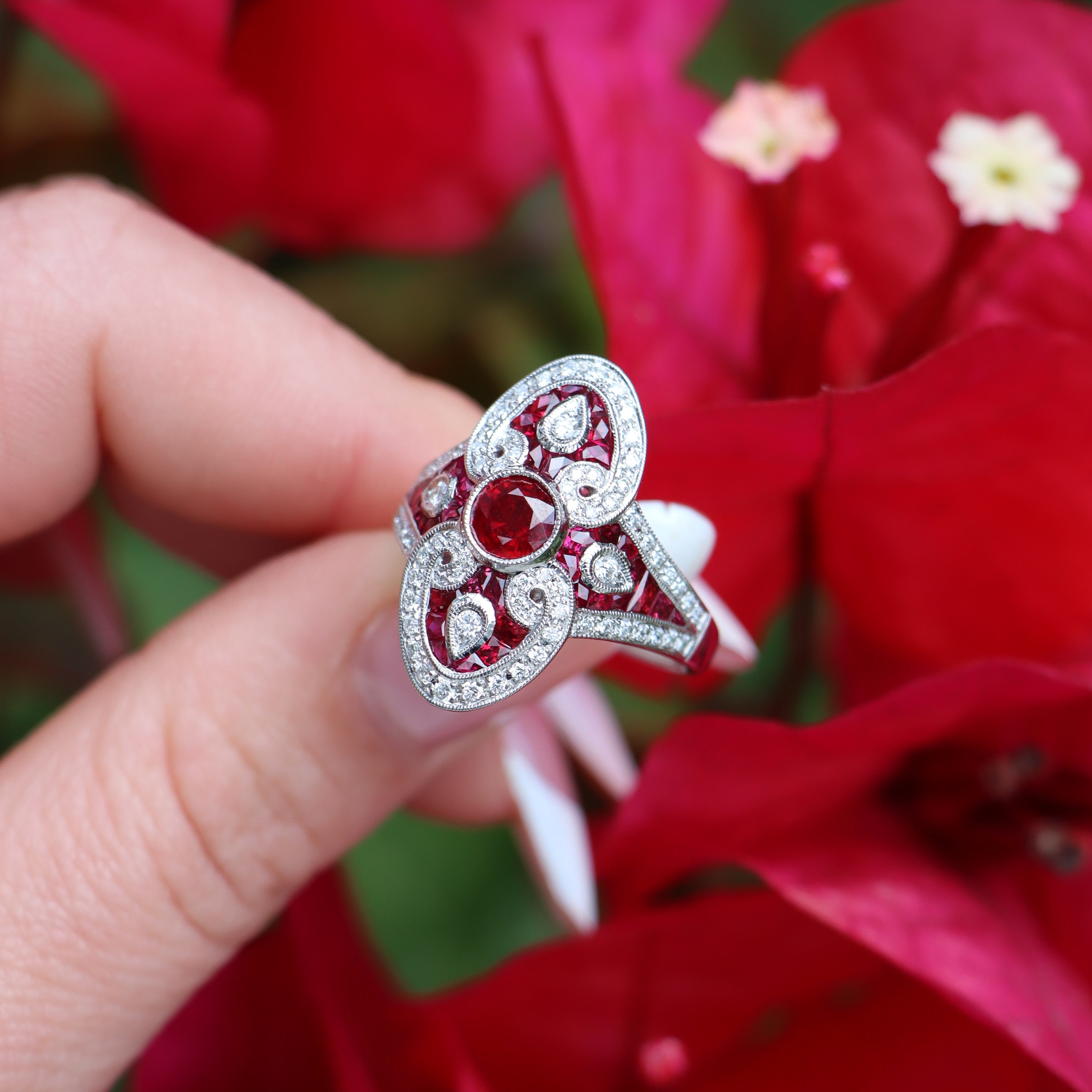 18k White Gold Ruby and Diamond Art Deco Style Ring