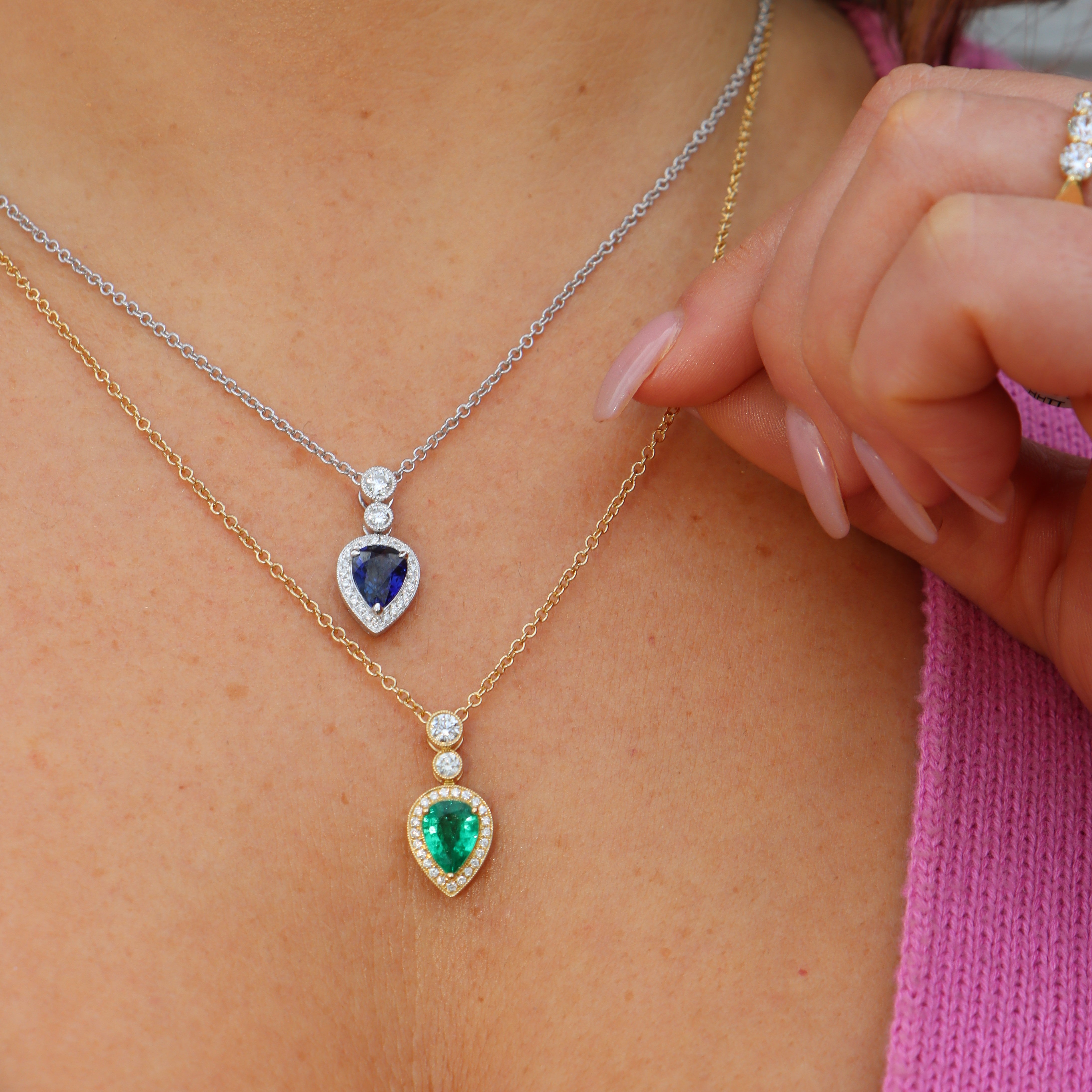 18k Yellow Gold Emerald and Diamond Necklace - Charles Koll Jewelers