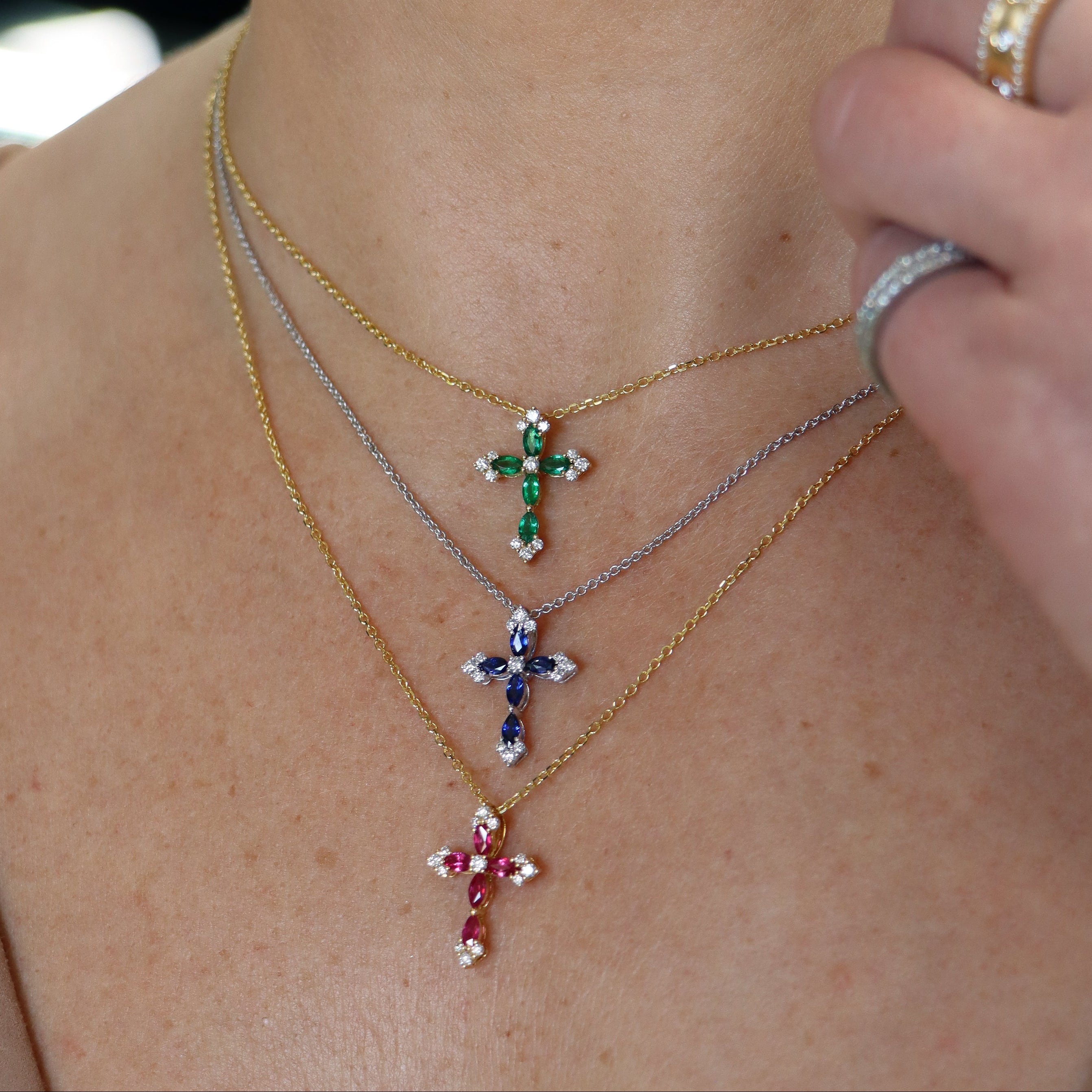 18k White Gold Sapphire and Diamond Cross Necklace