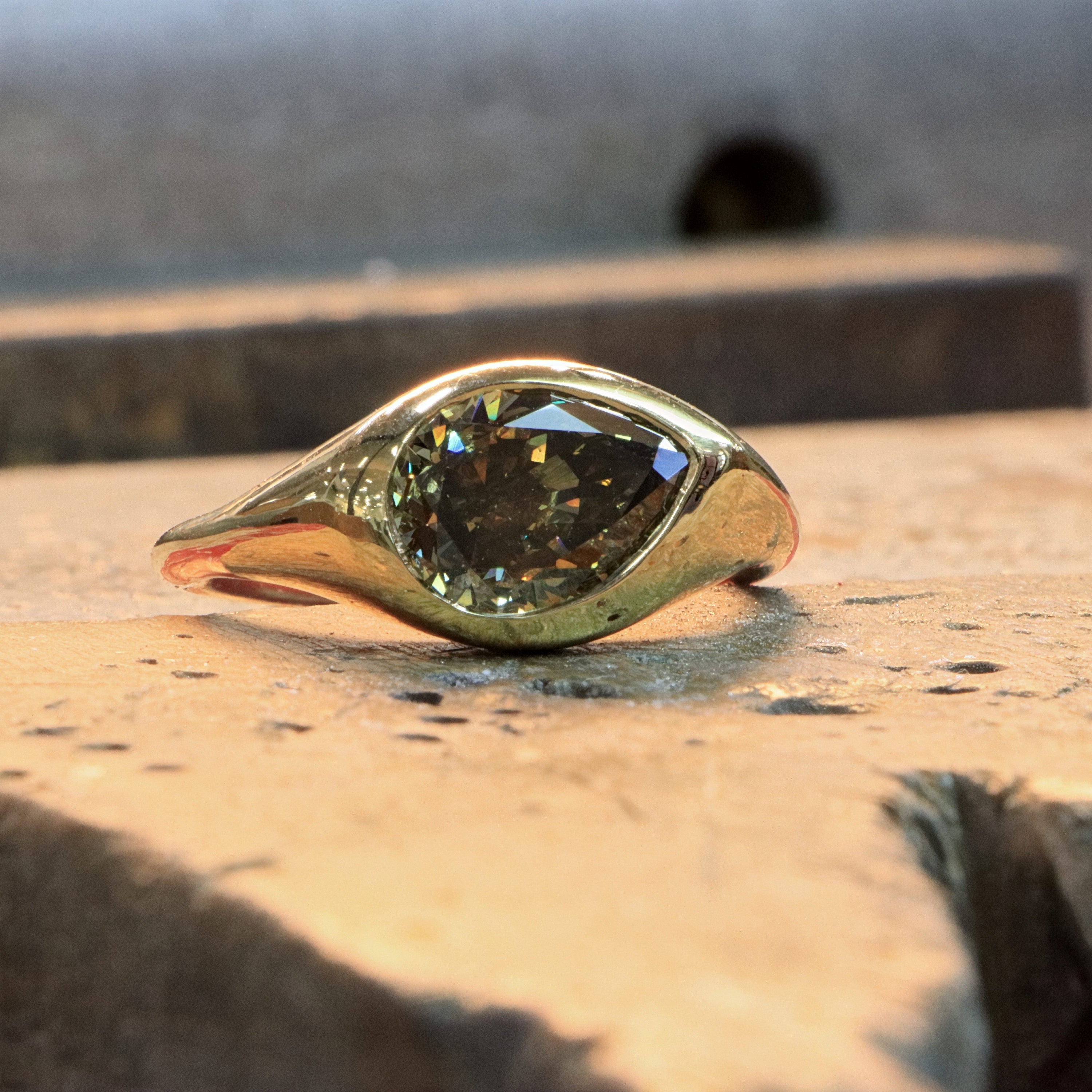 18k Yellow Gold Fancy Colored Pear Shaped Funky Bezel Solitaire Engagement Ring - Charles Koll Jewelers