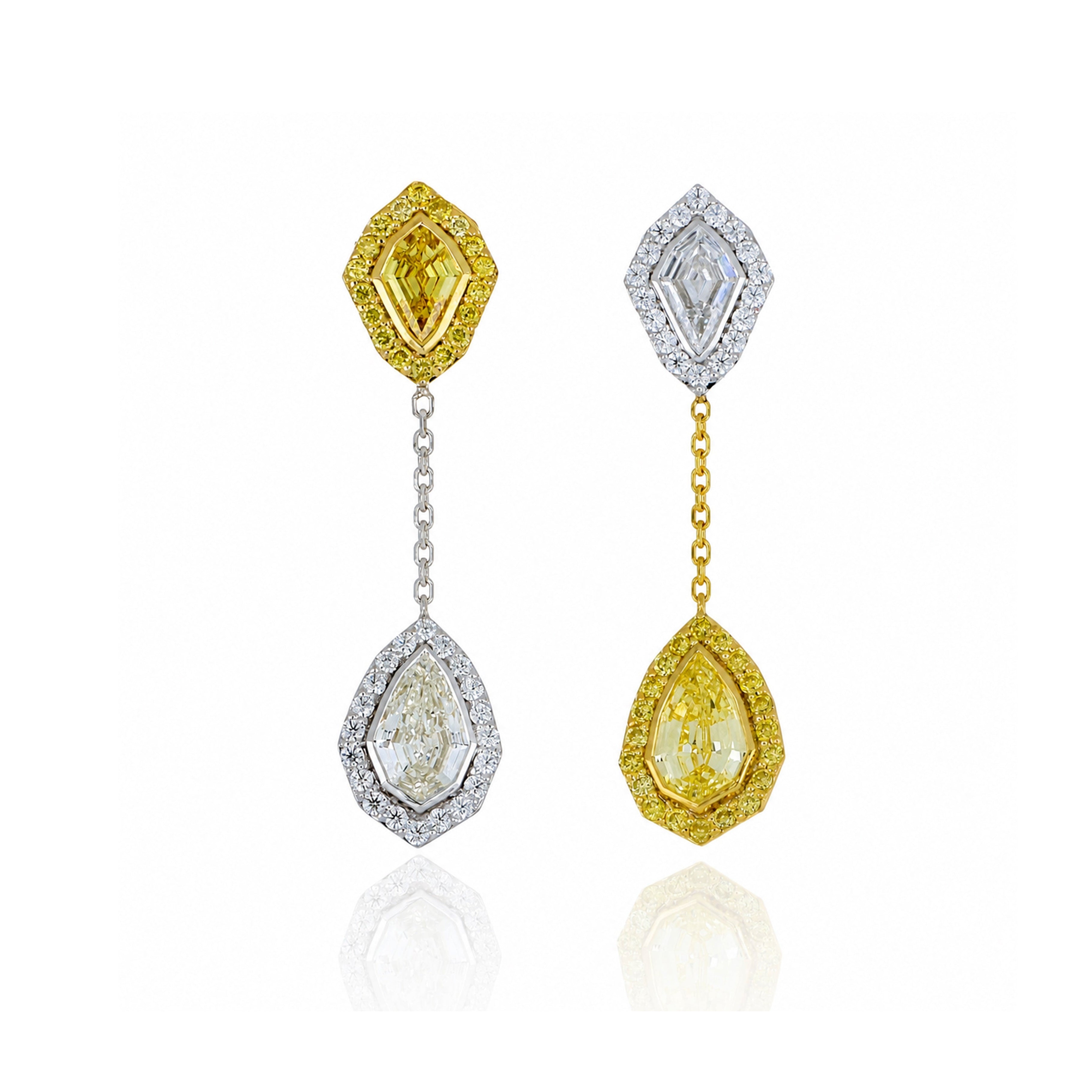 18k White and Yellow Gold Fancy Colored Diamond Kite Dangle Earrings - Charles Koll Jewelers