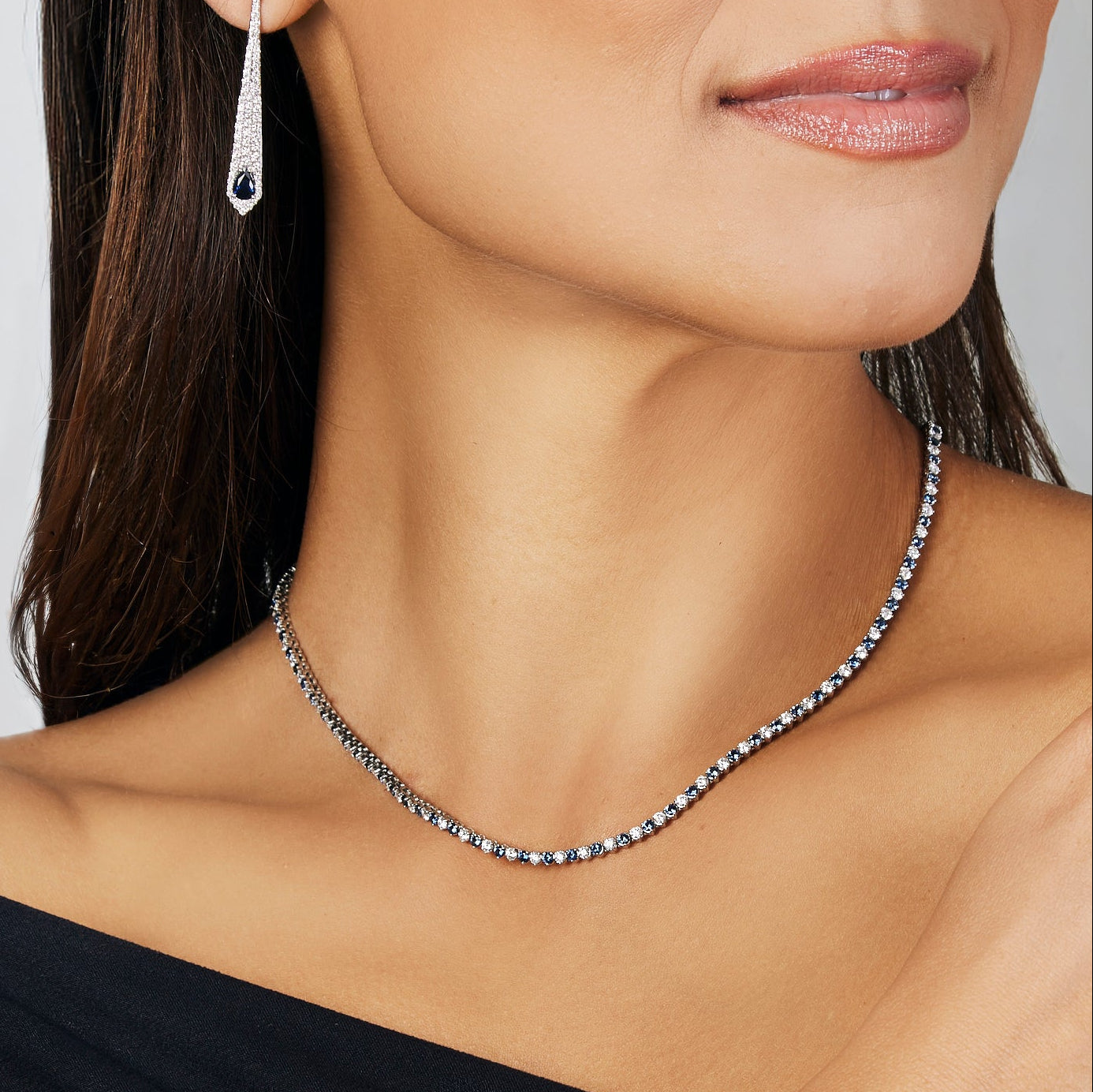 Platinum Blue Sapphire and Diamond Tennis Necklace