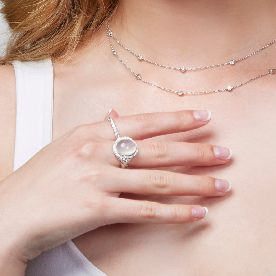 18k White Gold Moonstone and Diamond Cocktail Ring