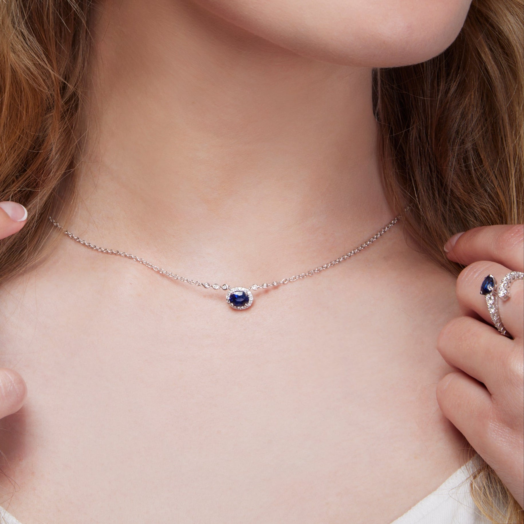 18k White Gold Blue Sapphire Diamond Accented Halo Necklace - Charles Koll Jewelers