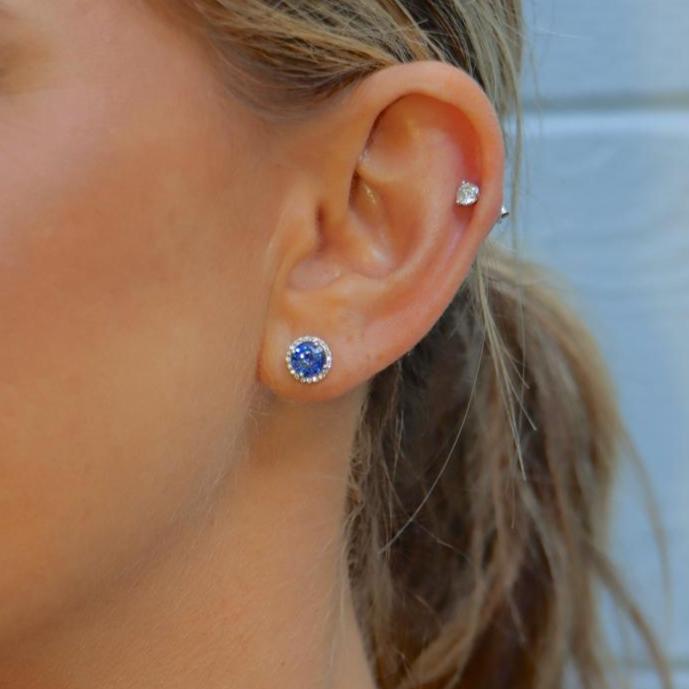 18k White Gold Blue Sapphire and Diamond Halo Stud Earrings