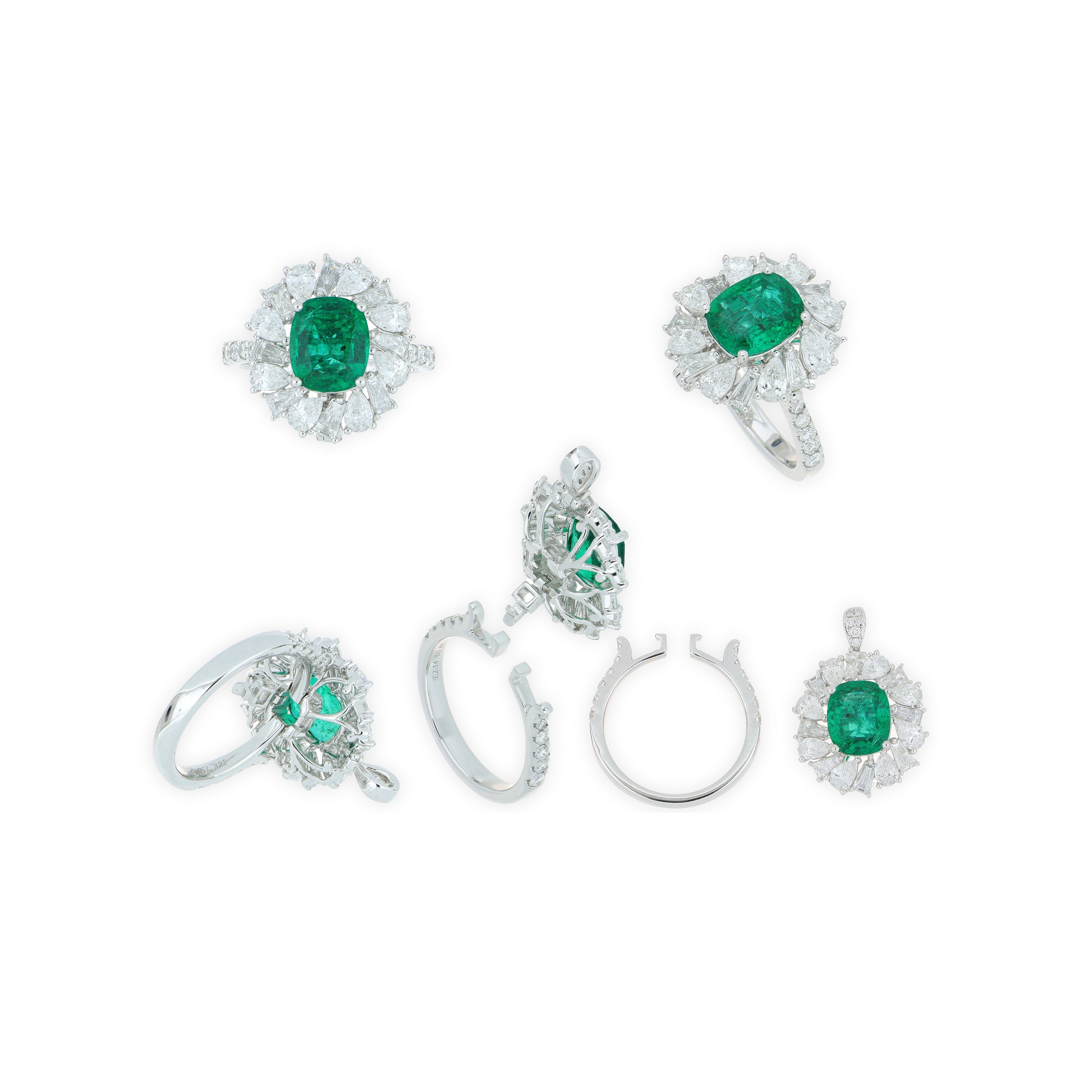 18k White Gold Emerald and Diamond Ring/Pendant