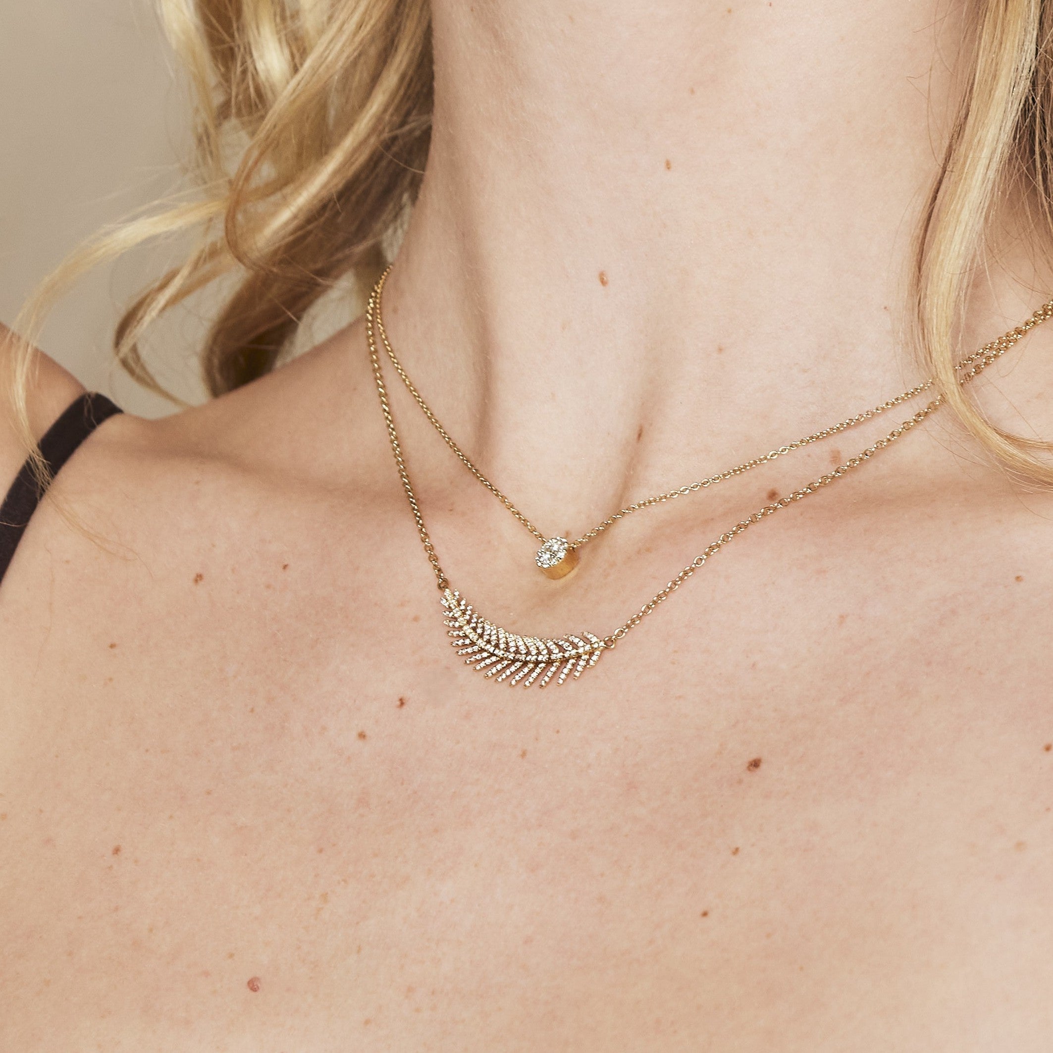 18k Yellow Gold Diamond Accented Feather Necklace