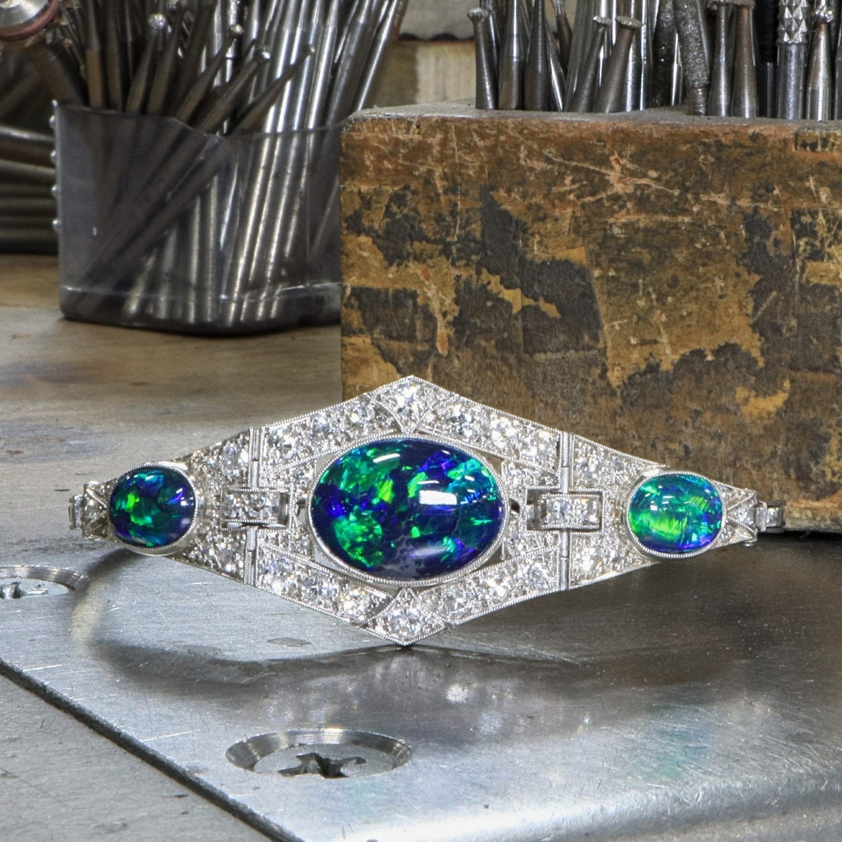 18k White Gold and Platinum GIA Certified Natural Black Opal and Diamond Accented Bracelet - Charles Koll Jewelers