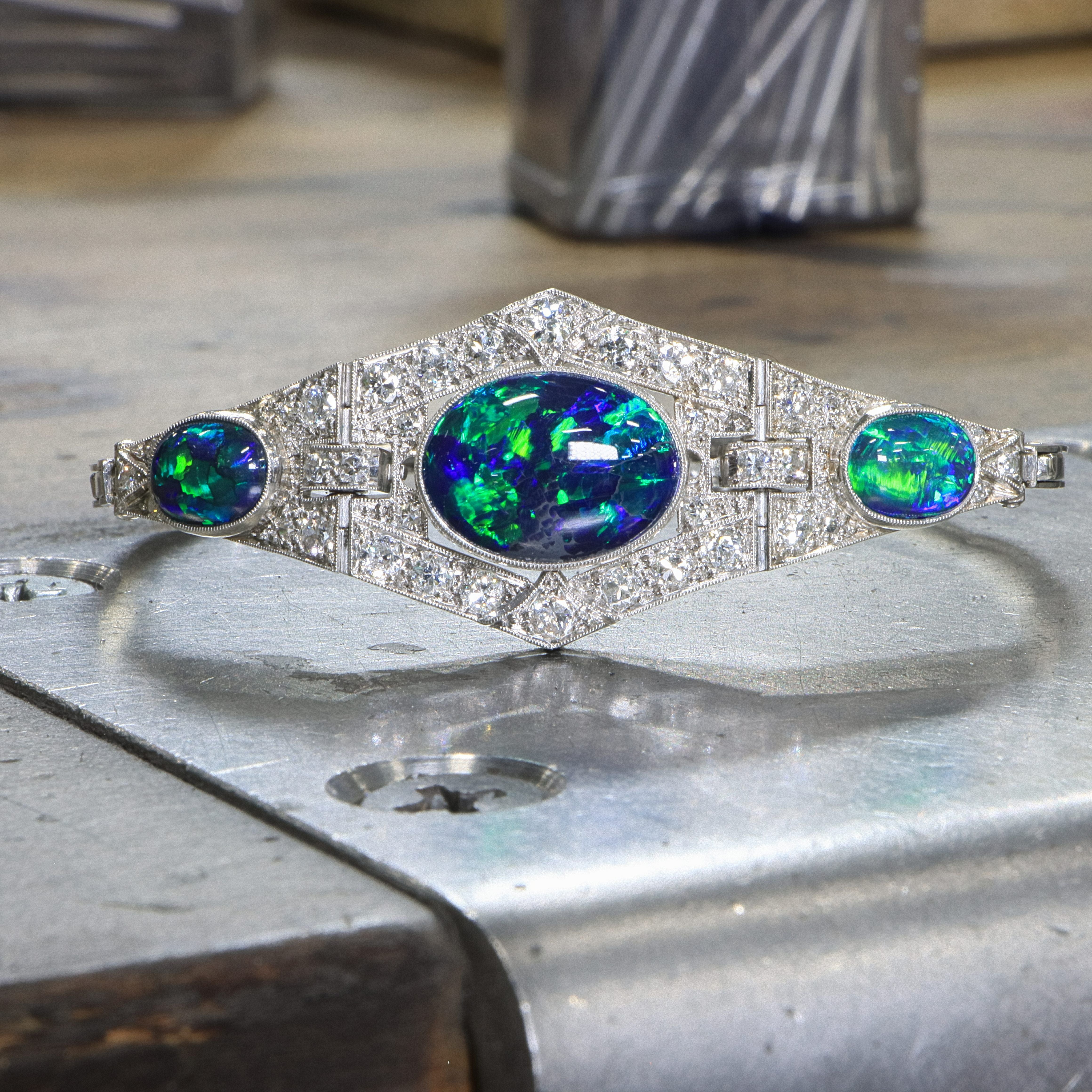 18k White Gold and Platinum GIA Certified Natural Black Opal and Diamond Accented Bracelet - Charles Koll Jewelers