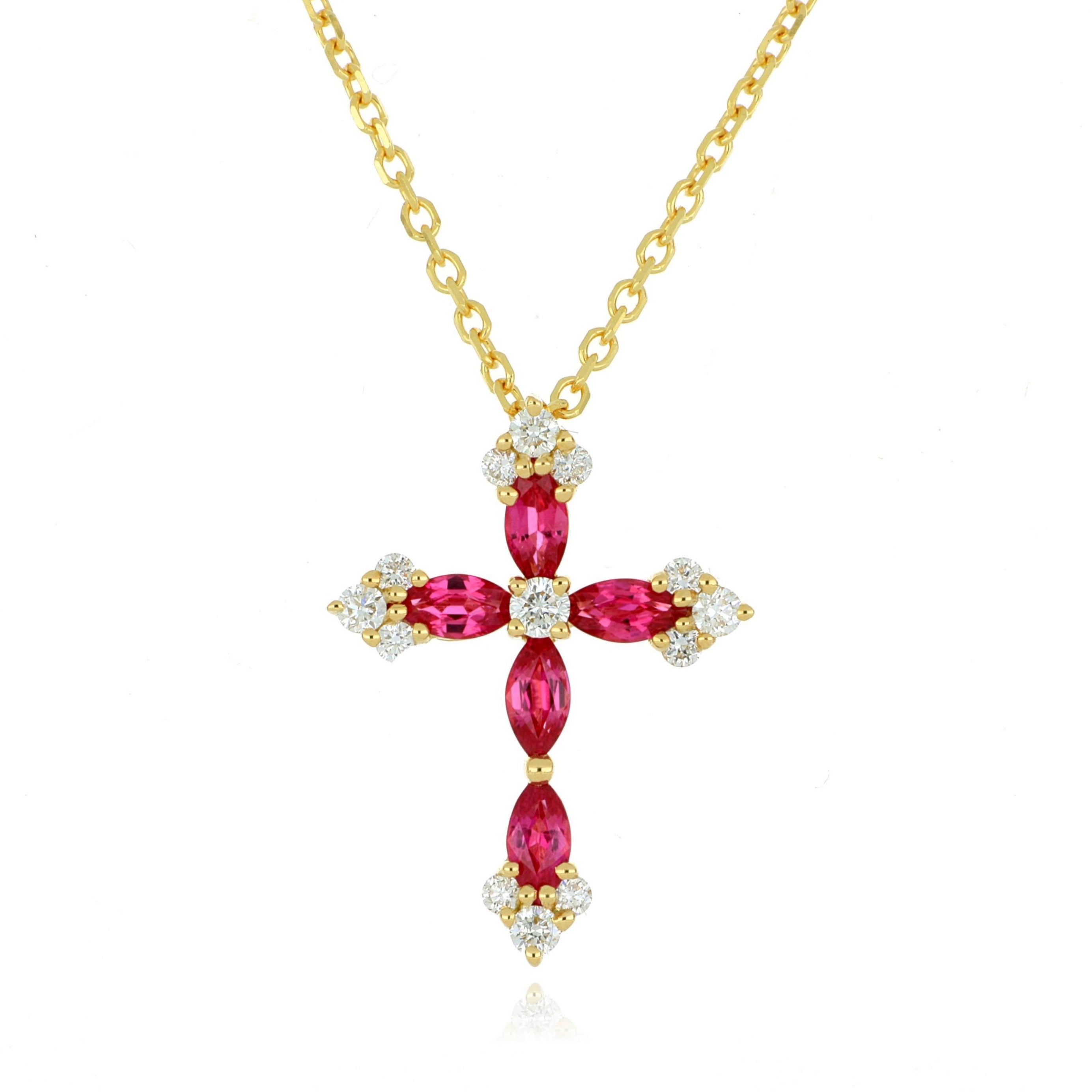18k Yellow Gold Ruby and Diamond Cross Necklace - Charles Koll Jewelers