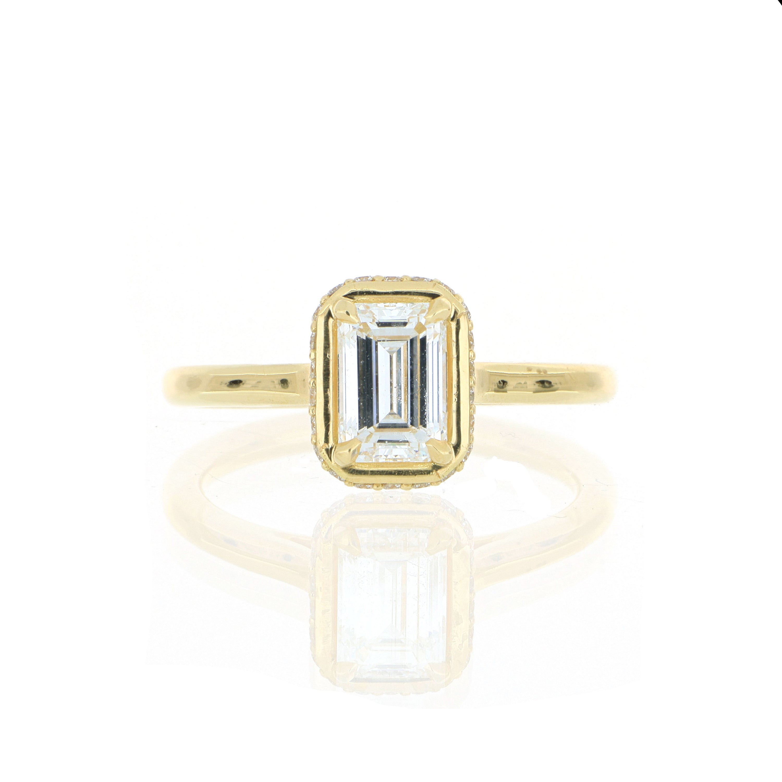 18k Yellow Gold Rectangular Shaped Solitaire Halo Engagement Ring