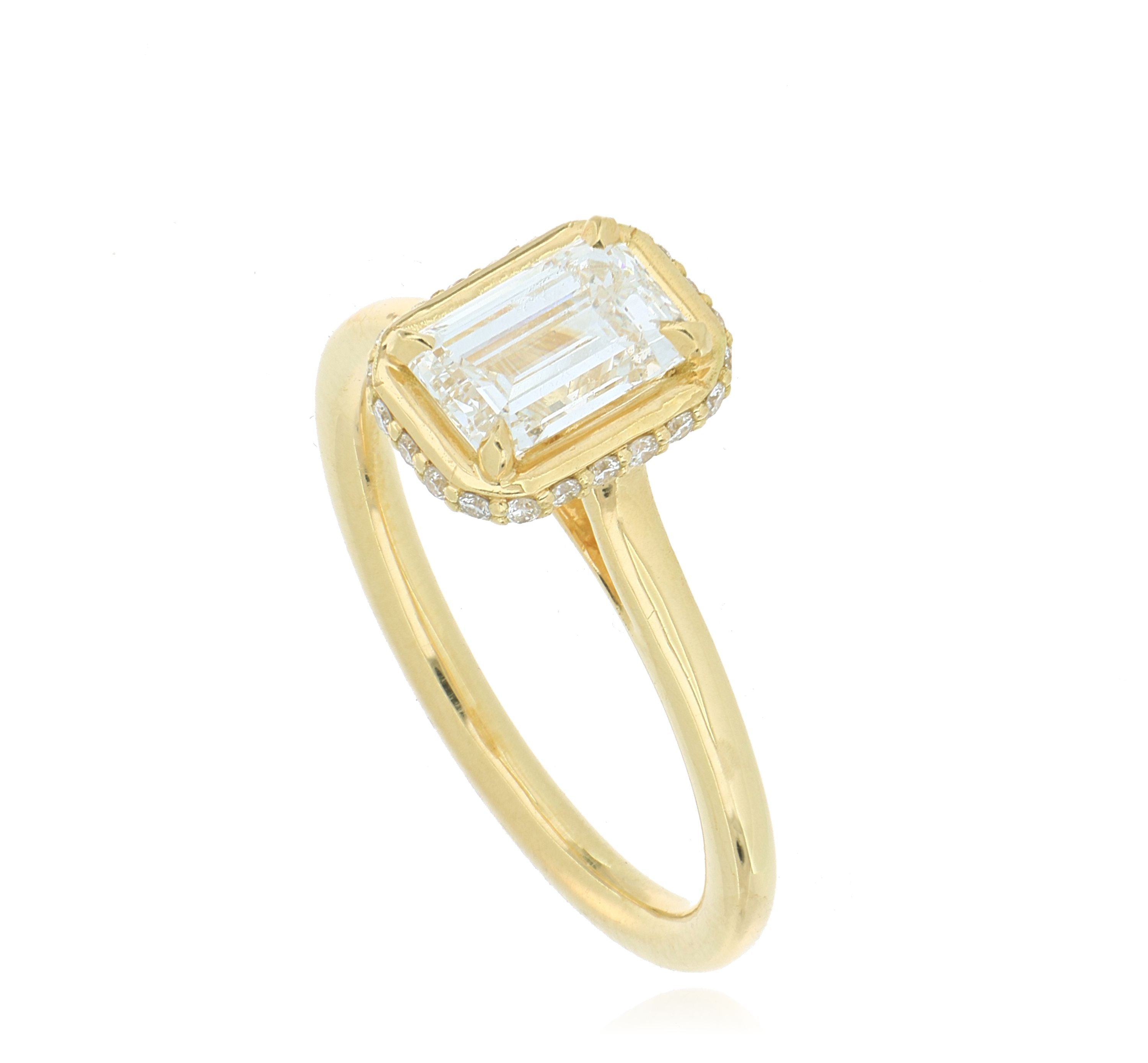 18k Yellow Gold Rectangular Shaped Solitaire Halo Engagement Ring - Charles Koll Jewelers