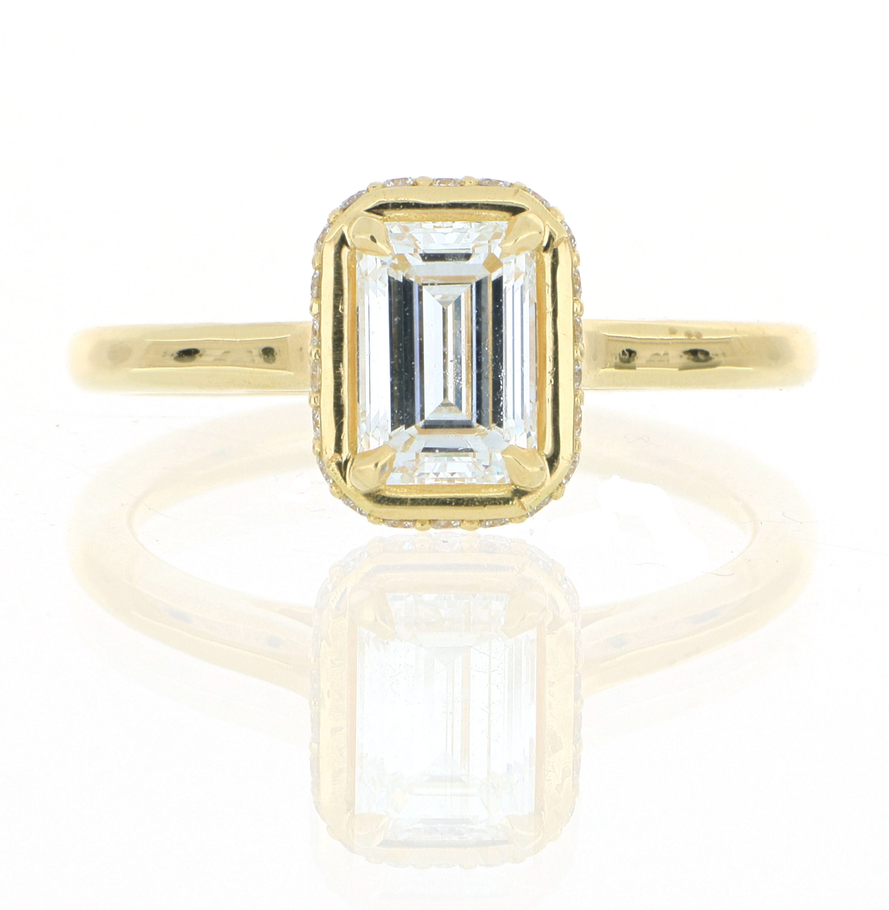 18k Yellow Gold Rectangular Shaped Solitaire Halo Engagement Ring - Charles Koll Jewelers