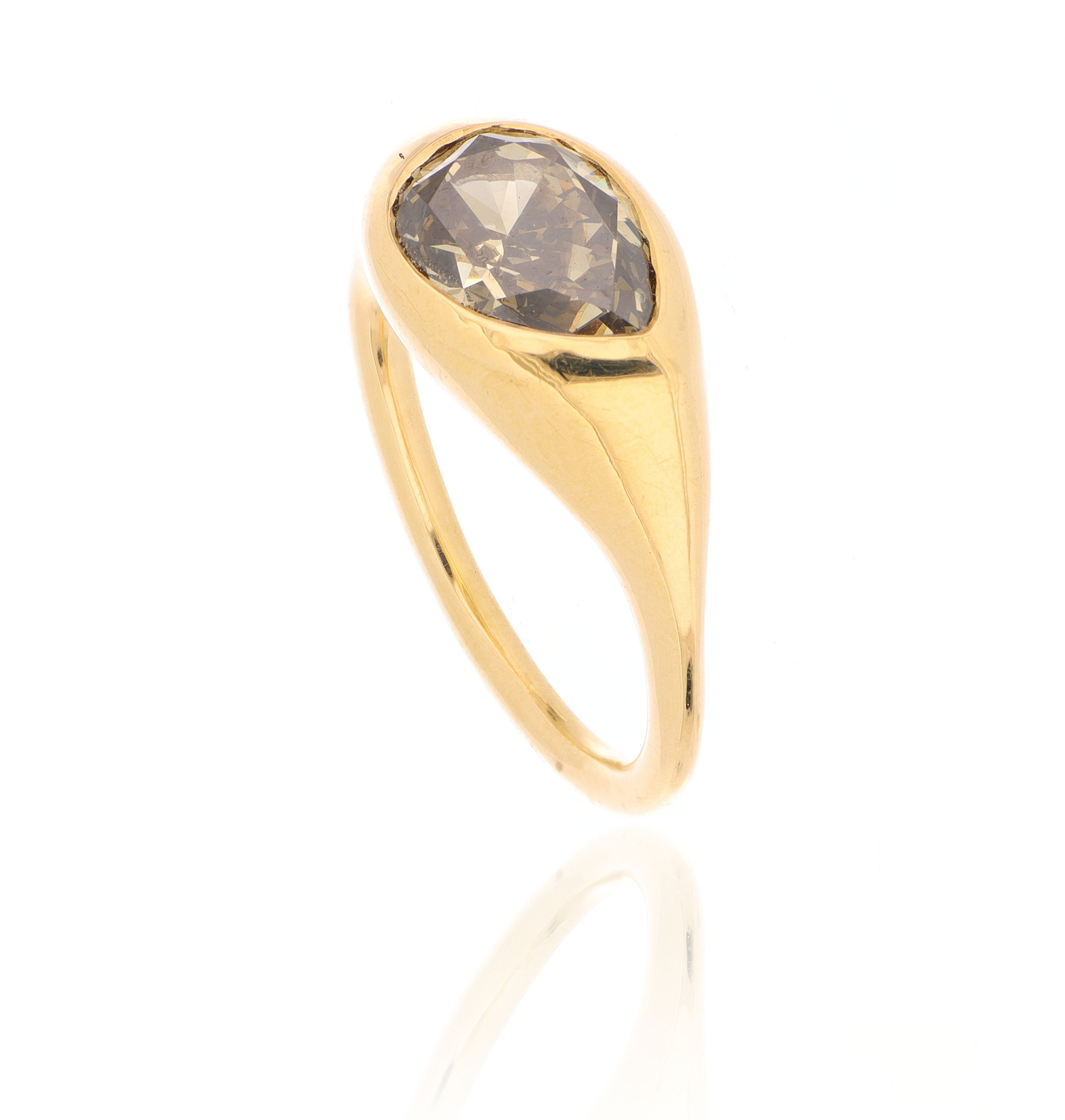 18k Yellow Gold Fancy Colored Pear Shaped Funky Bezel Solitaire Engagement Ring - Charles Koll Jewelers