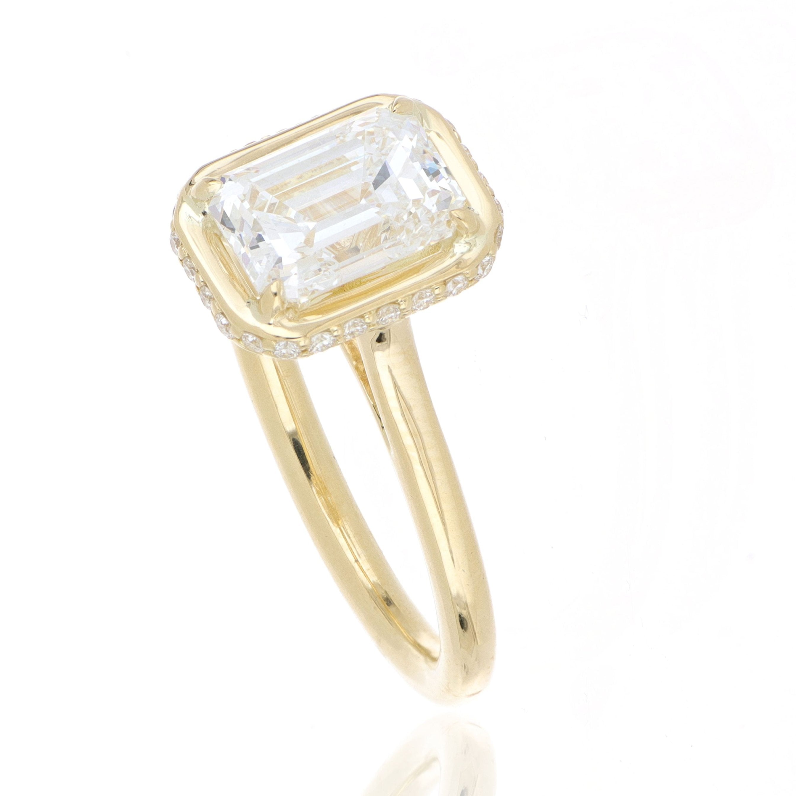 18k Yellow Gold Rectangular Shaped Diamond Halo Engagement RIng - Charles Koll Jewelers