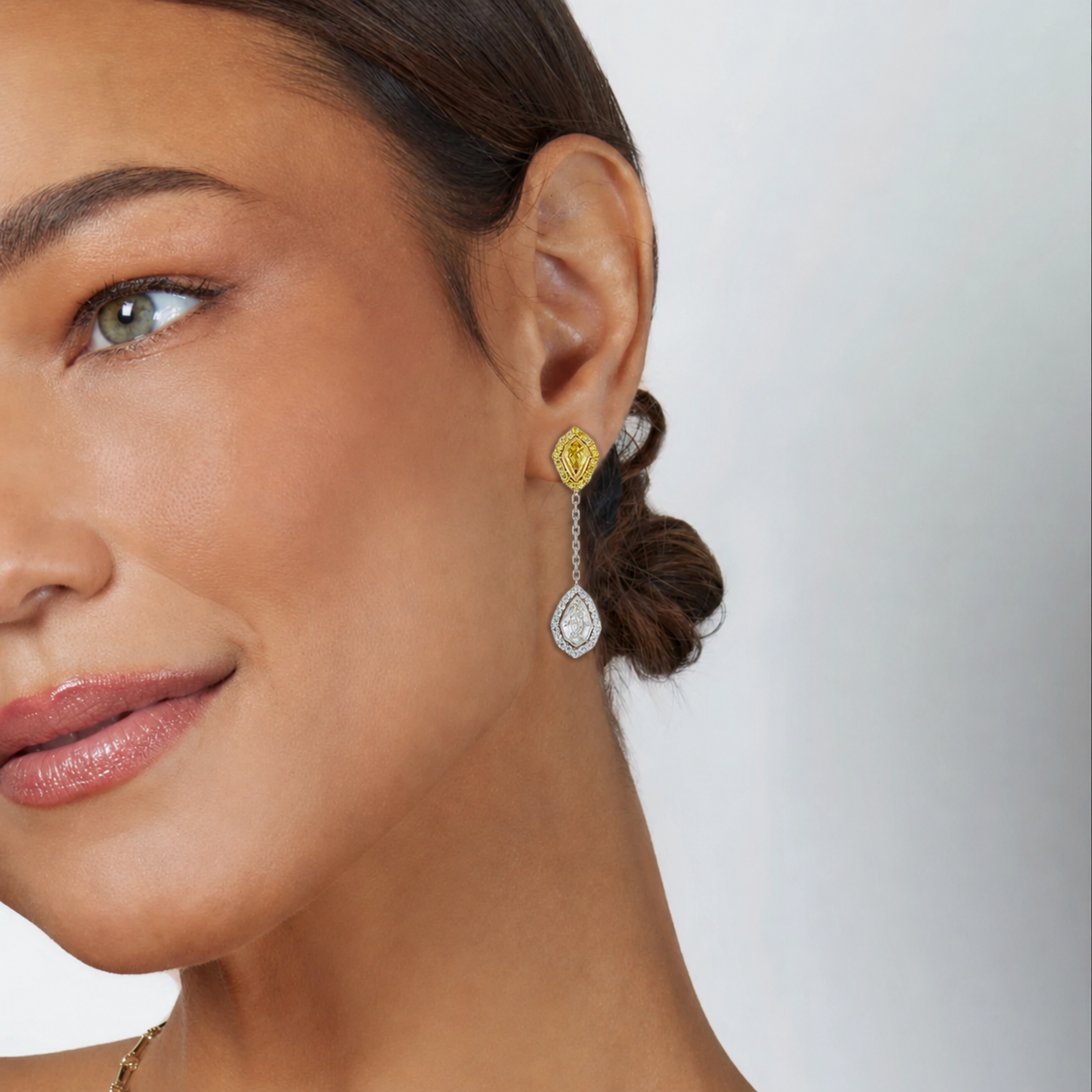 18k White and Yellow Gold Fancy Colored Diamond Kite Dangle Earrings - Charles Koll Jewelers