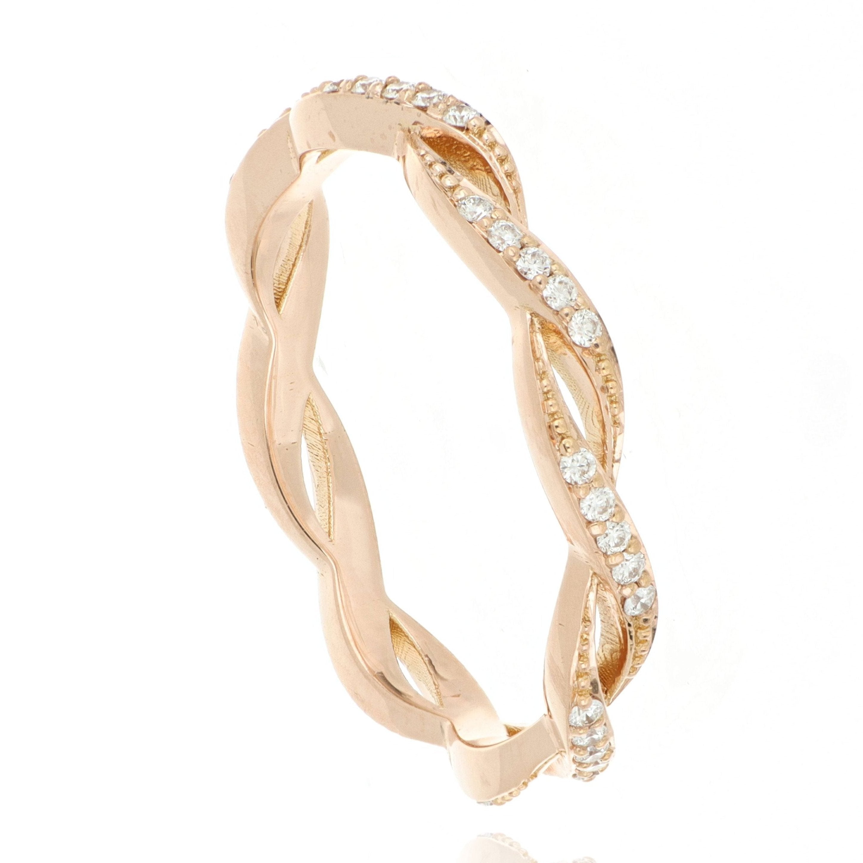 18k Rose Gold Dainty Weave Diamond Eternity Wedding Band